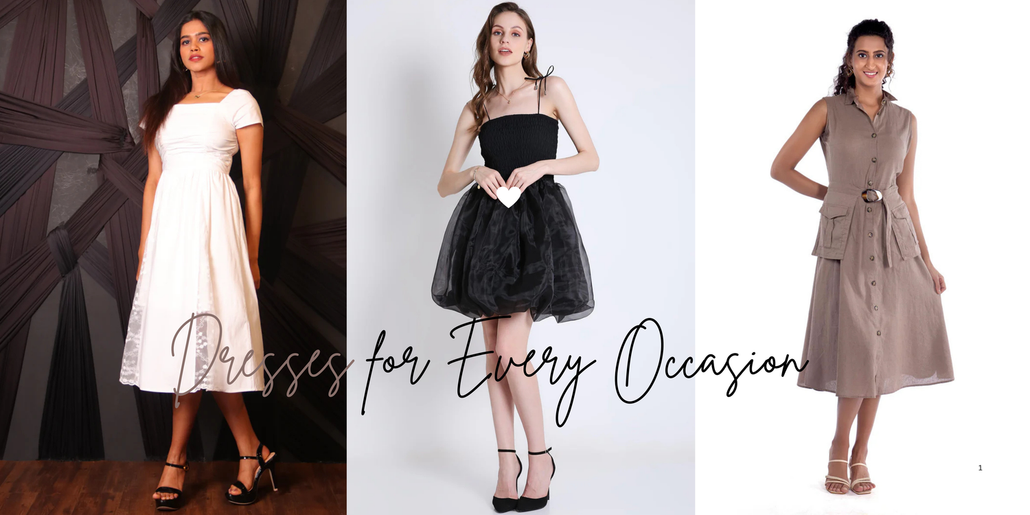 white casual dress, a black party dress, and a brown office wear dress