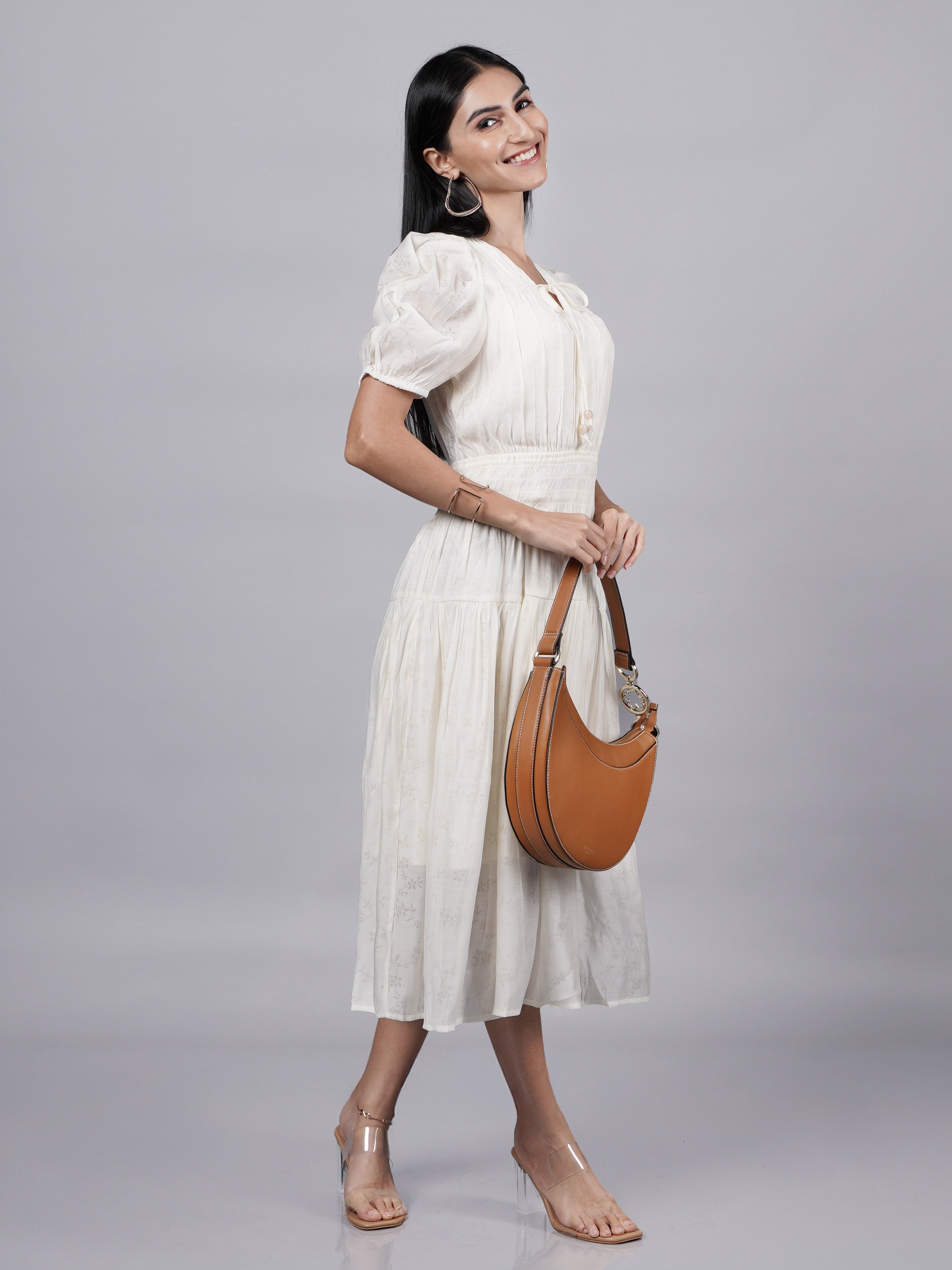 Yellow Flared Dress with Puff Sleeves