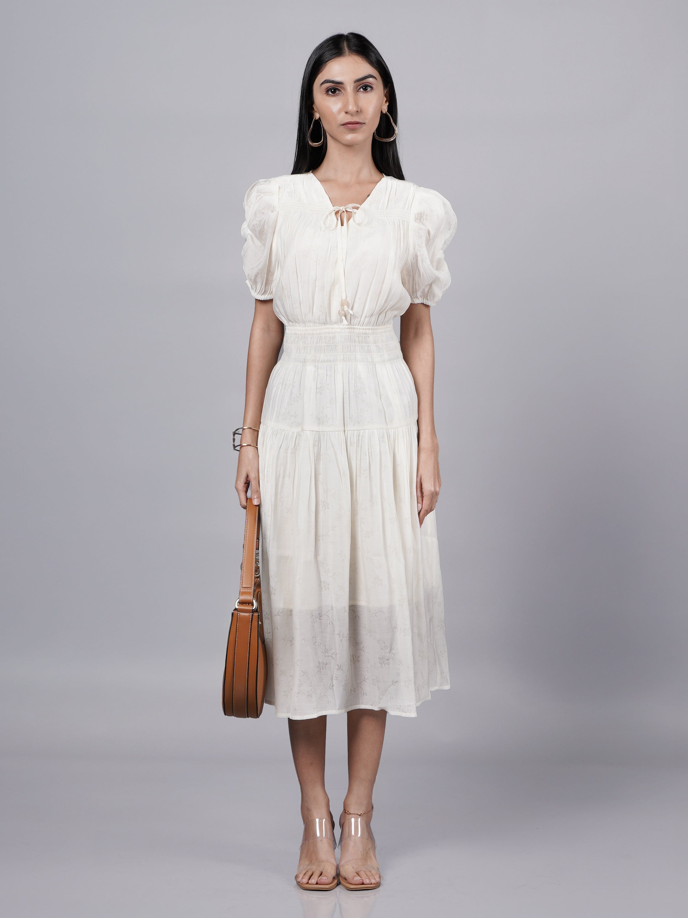 Yellow Flared Dress with Puff Sleeves