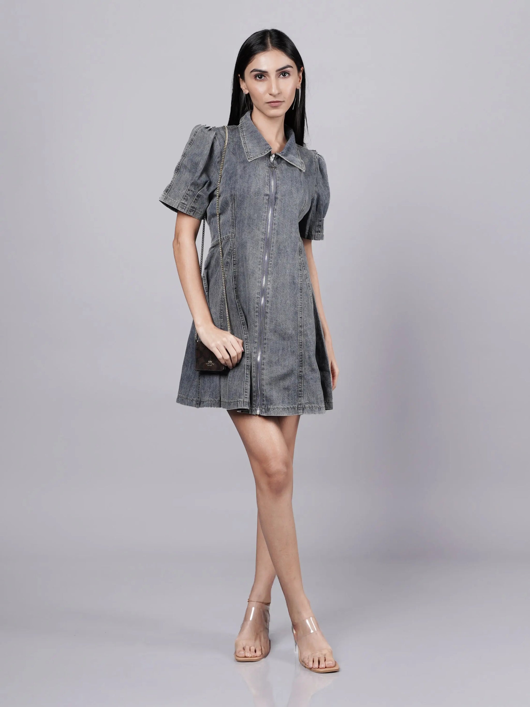 Y3K Inspired Denim Dress – Grey Futuristic Look