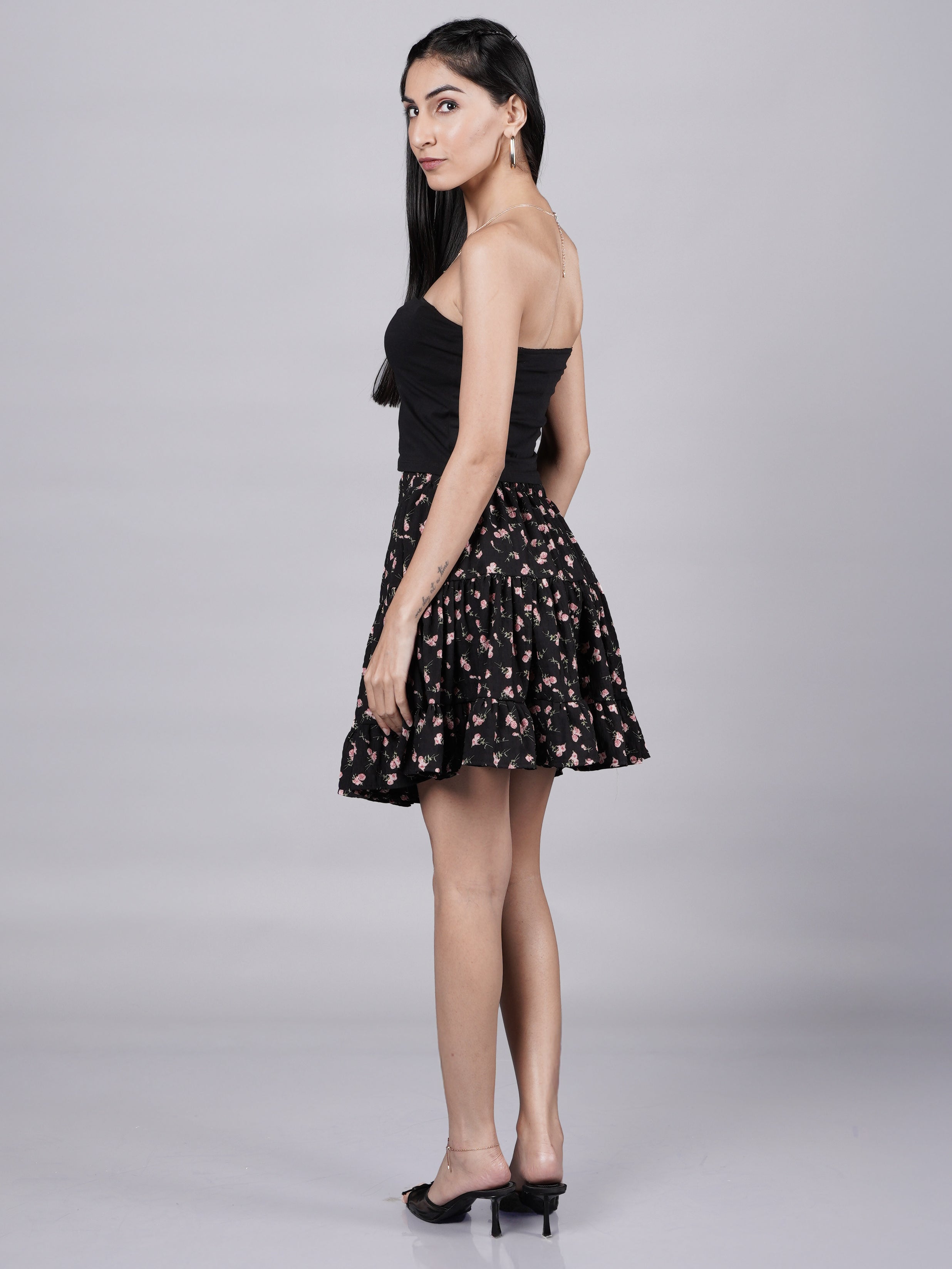 Printed Black Mini Skirt with Ruffle Tiers