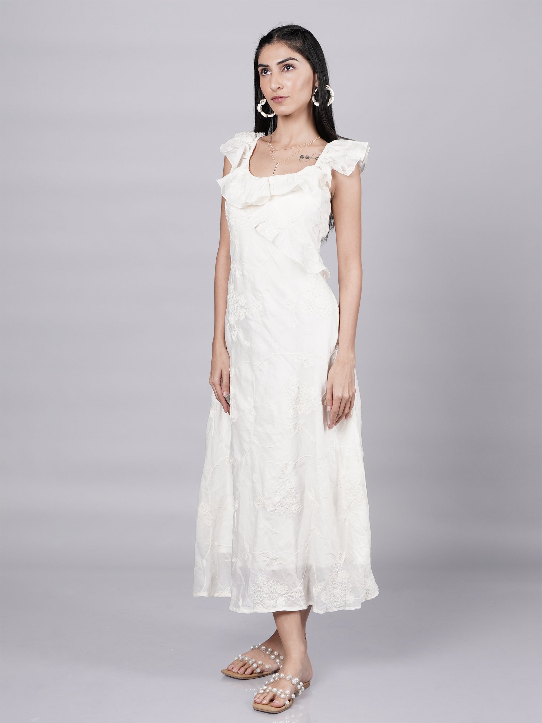 White Ruffle Strap Midi Dress