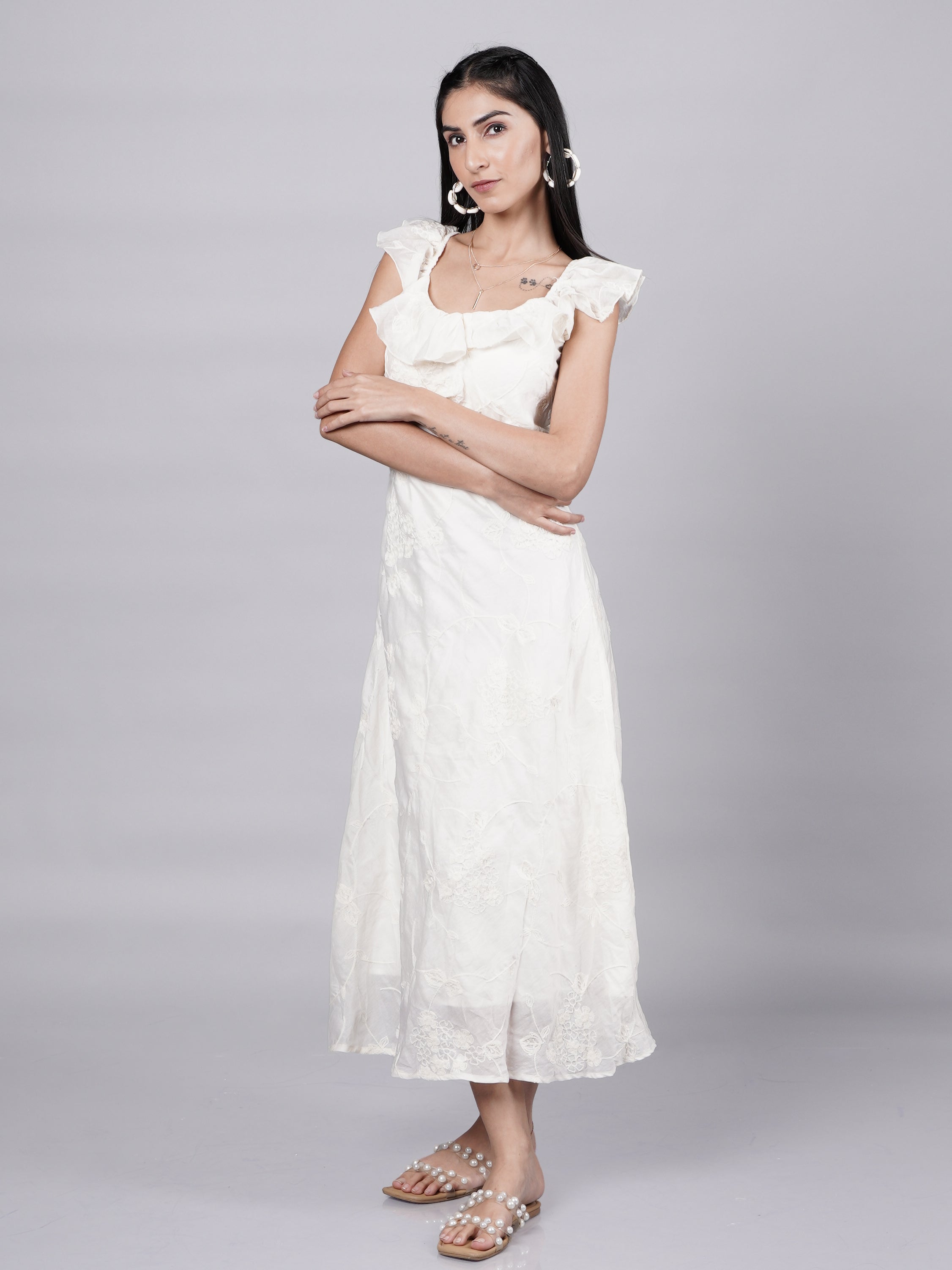 White Ruffle Strap Midi Dress