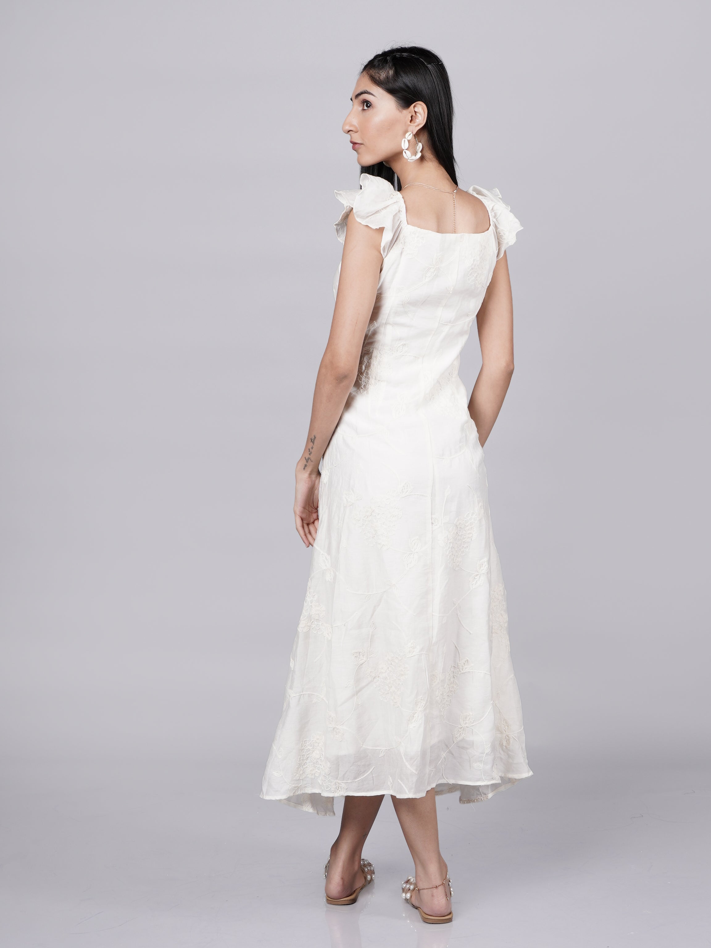 White Ruffle Strap Midi Dress