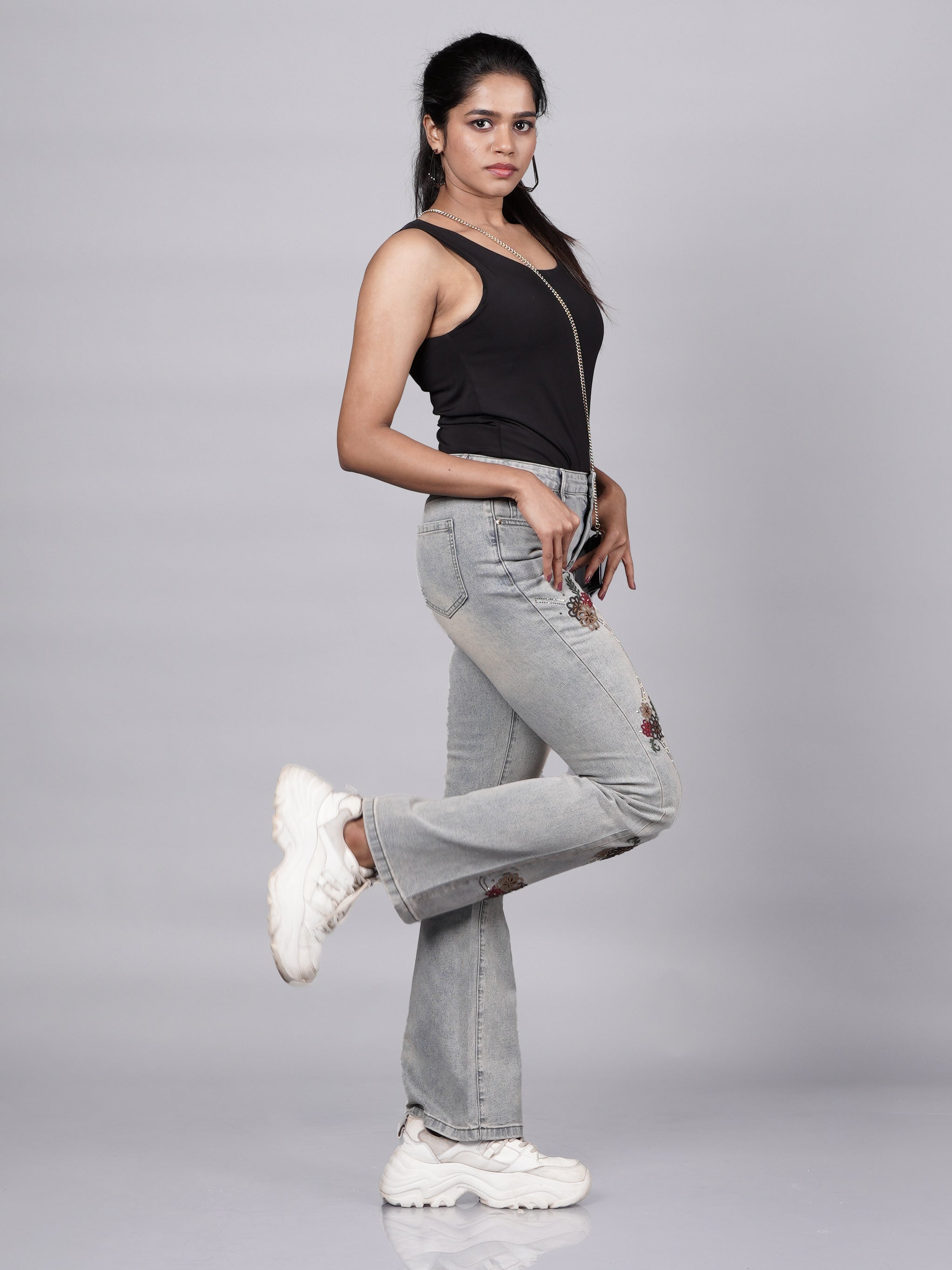 Grey Embroidered Denim Pant