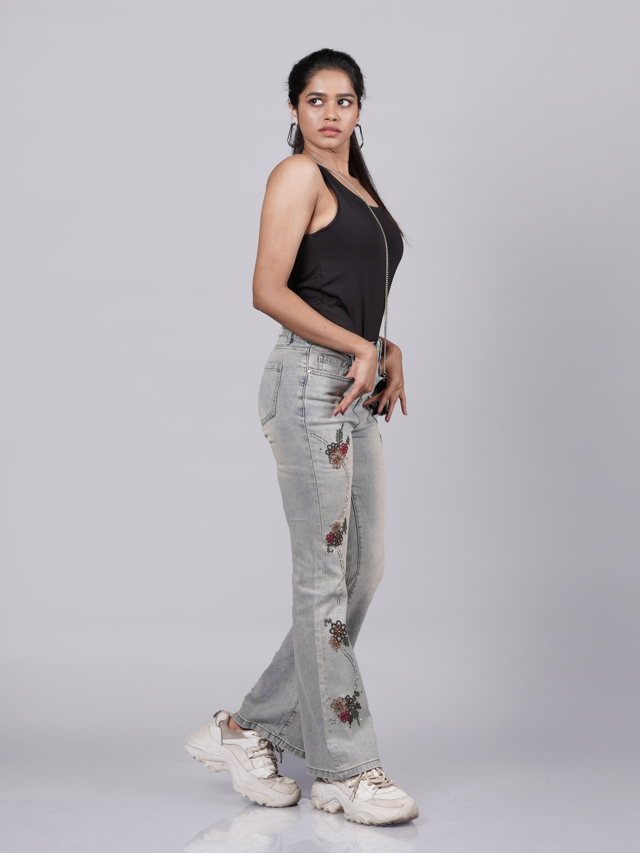 Grey Embroidered Denim Pant