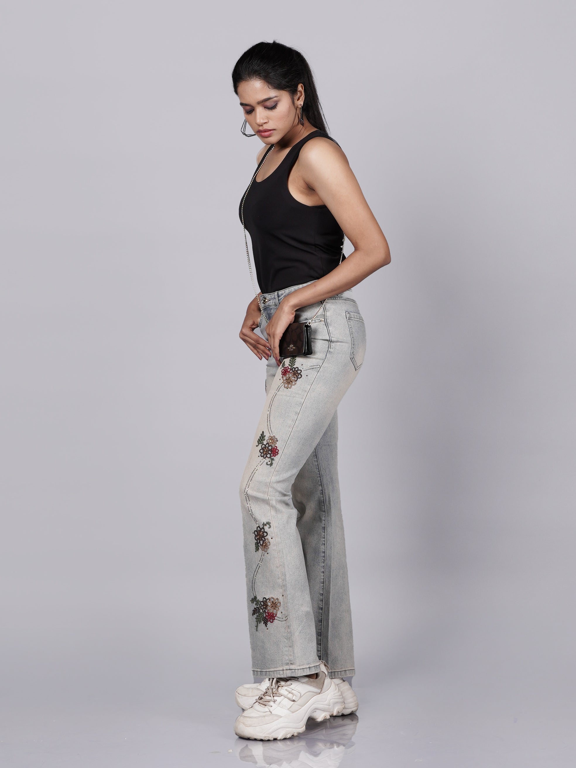 Grey Embroidered Denim Pant