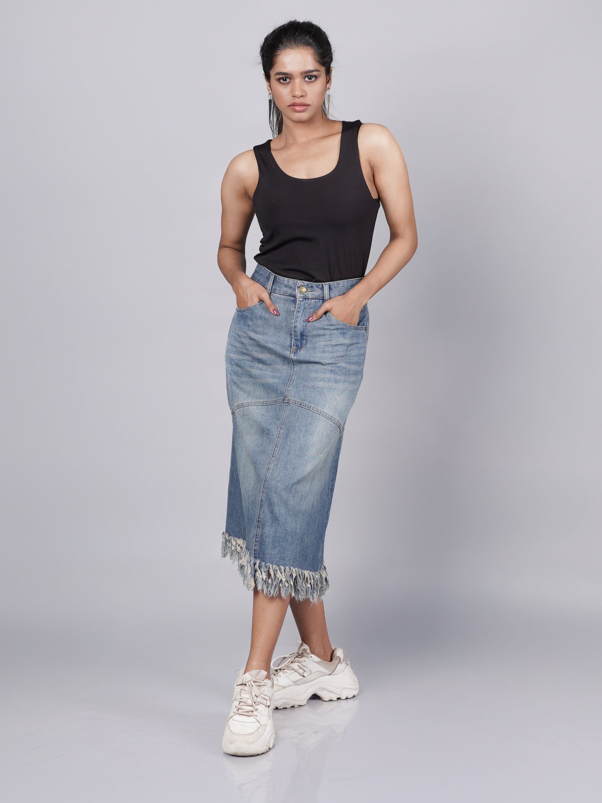 Blue Fringed Denim Midi Skirt