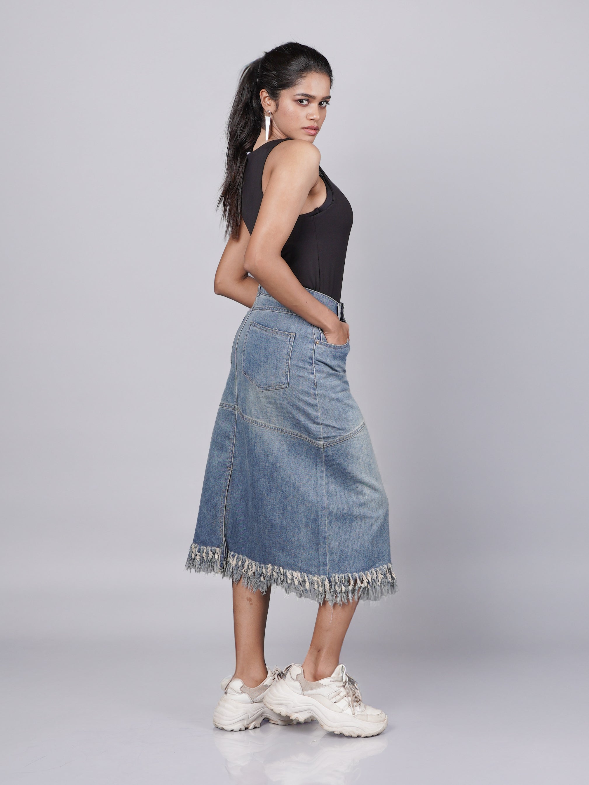 Blue Fringed Denim Midi Skirt
