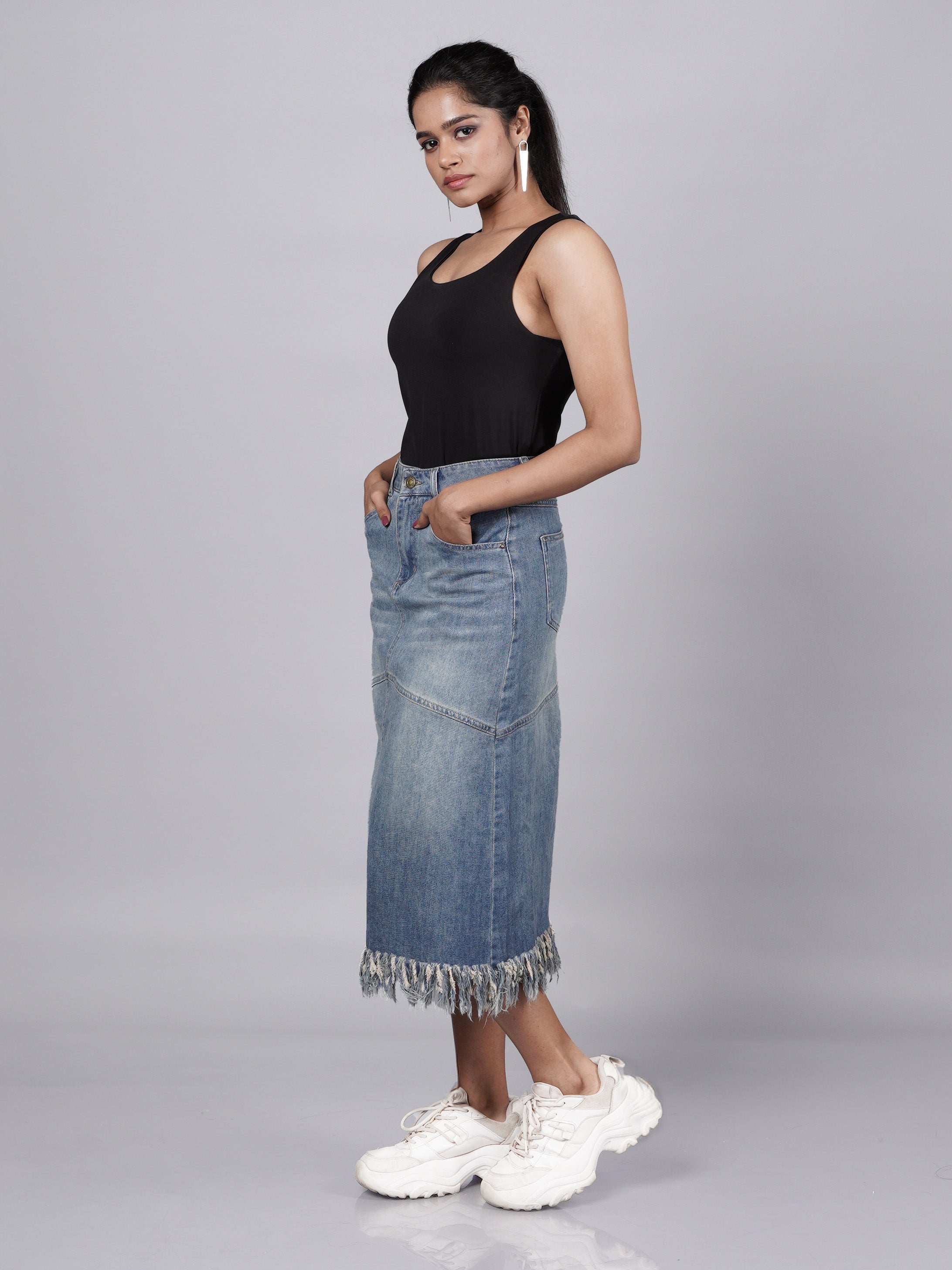 Blue Fringed Denim Midi Skirt