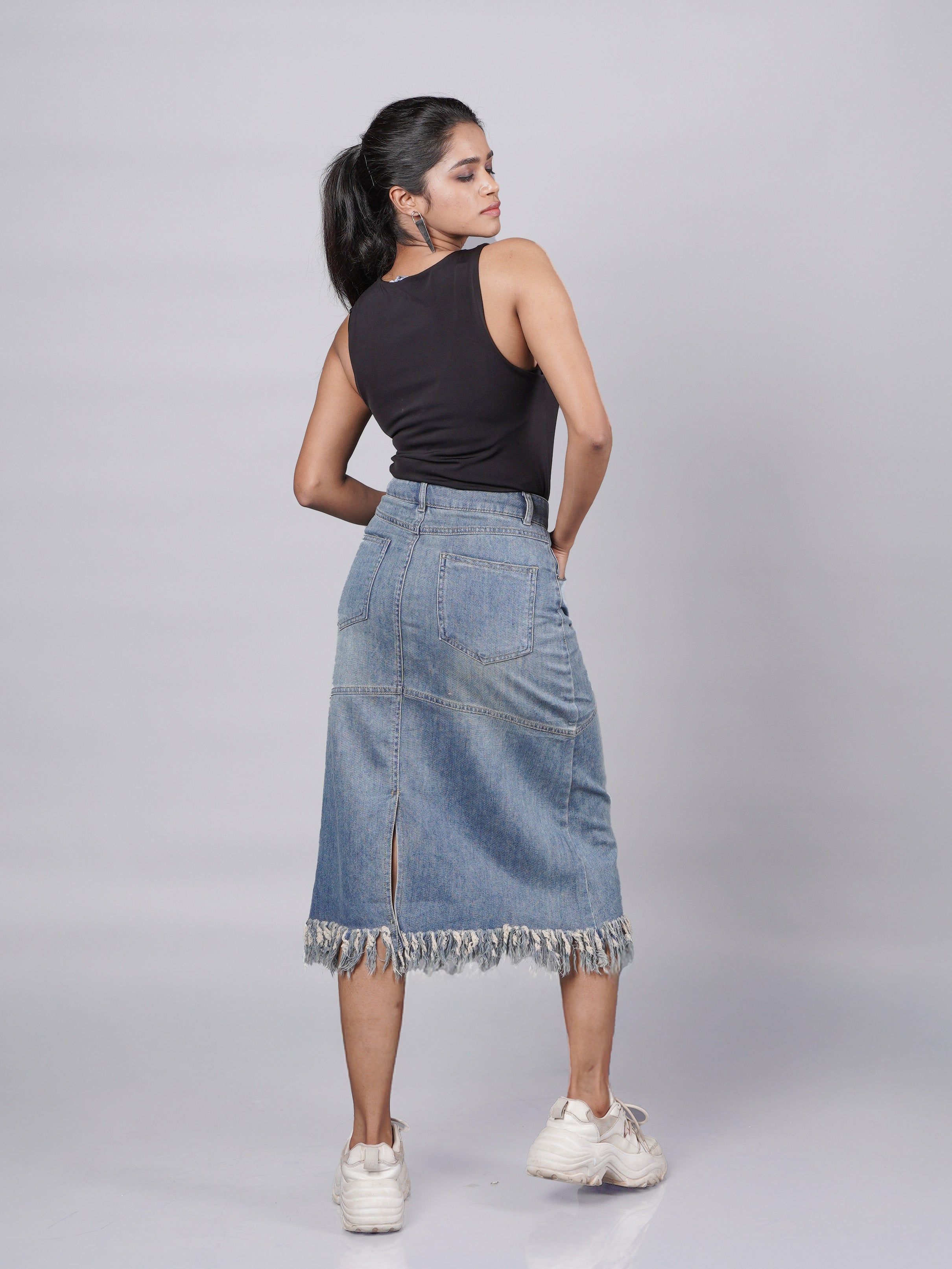Blue Fringed Denim Midi Skirt