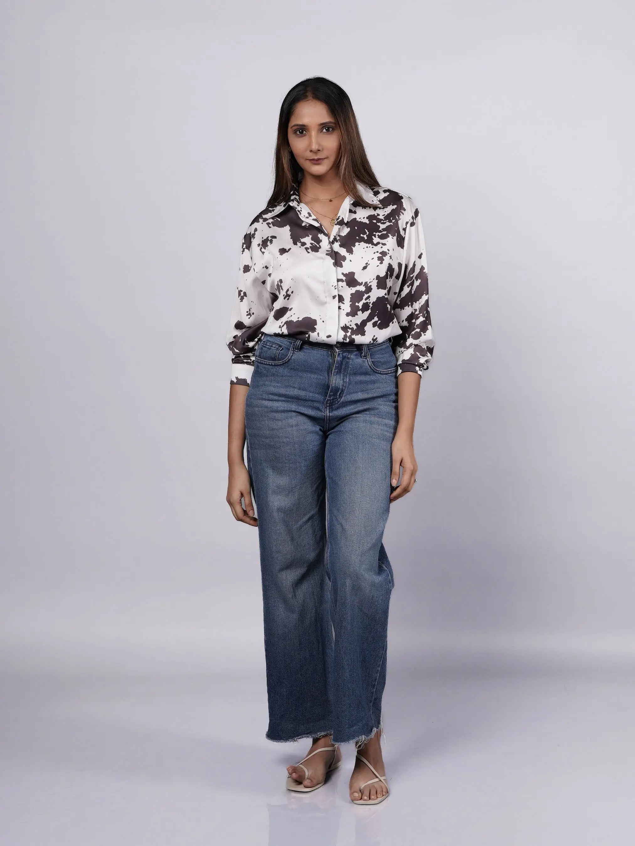 Quirky Pattern Grey Oversized Satin Shirt