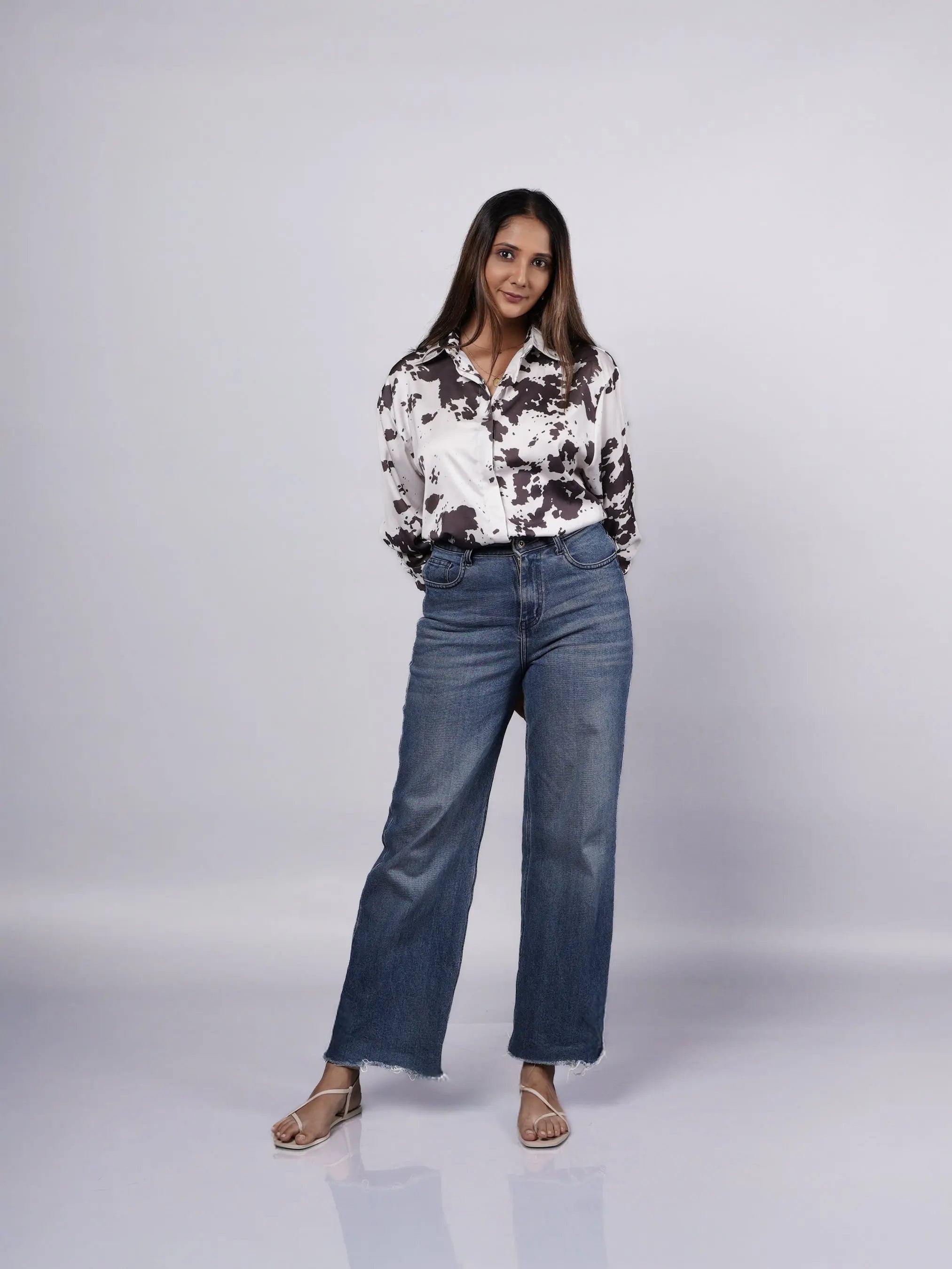 Quirky Pattern Grey Oversized Satin Shirt