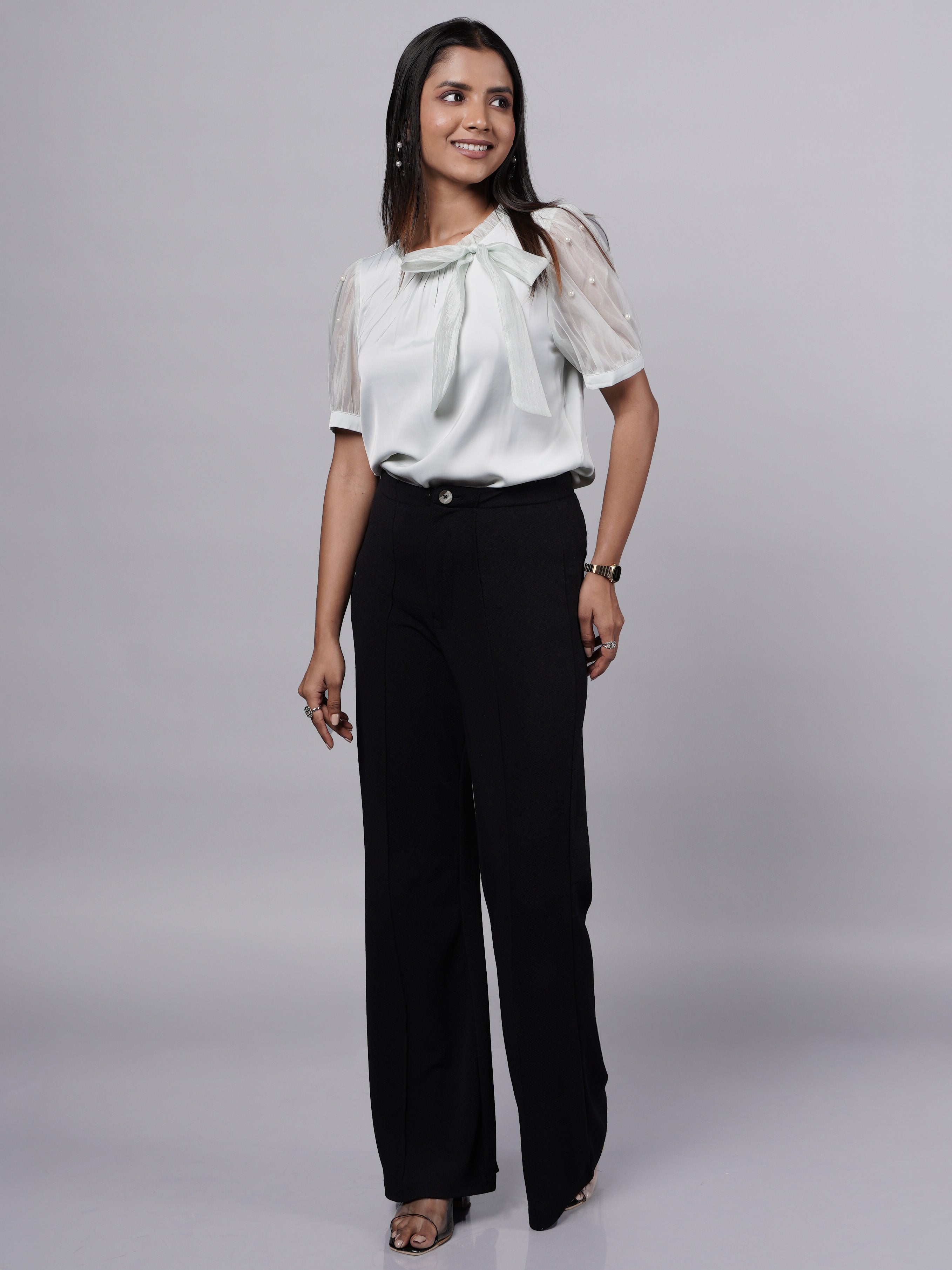 Pearls & Bow Detailed Puff Sleeve Green Top