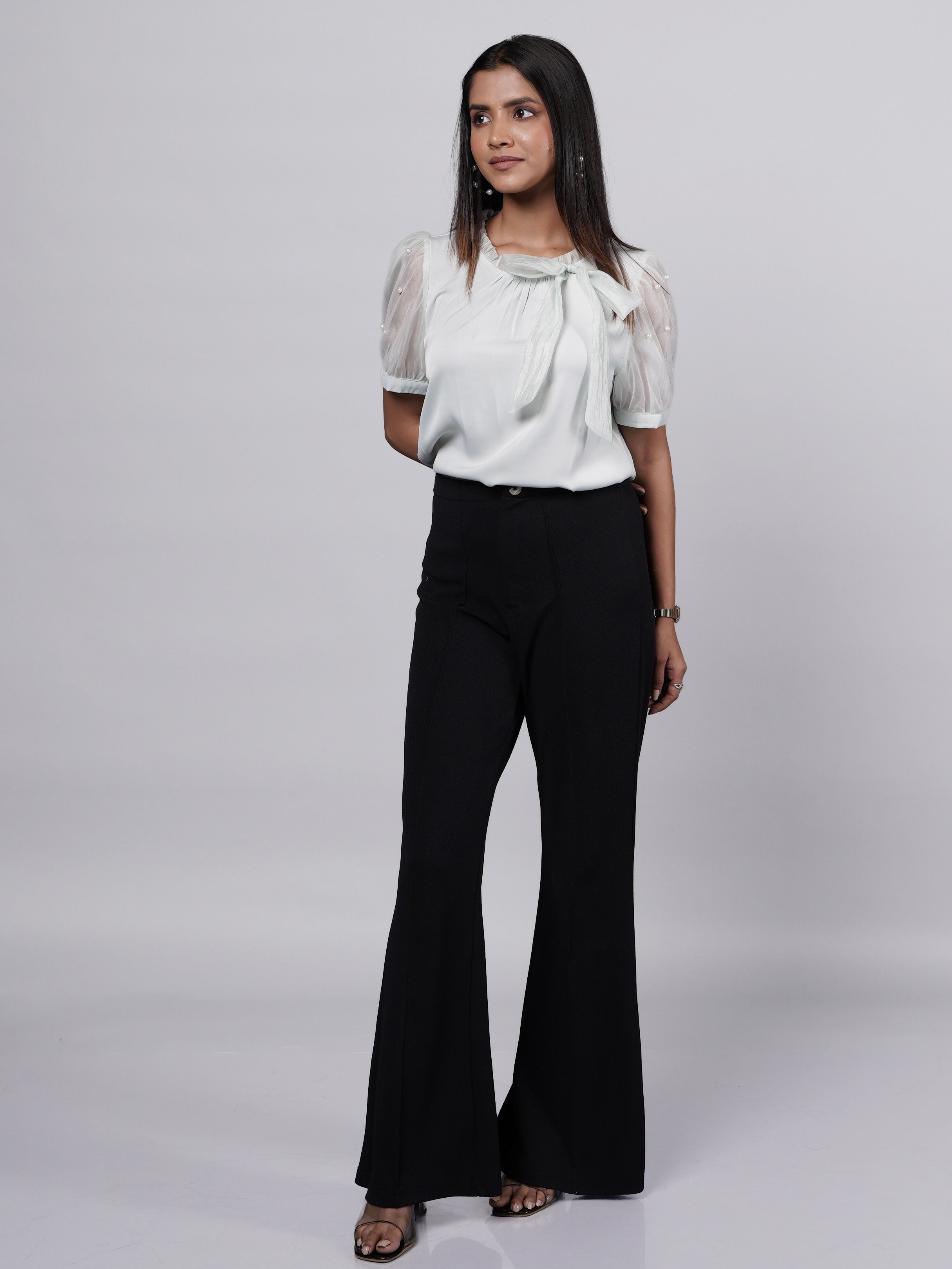 Pearls & Bow Detailed Puff Sleeve Green Top