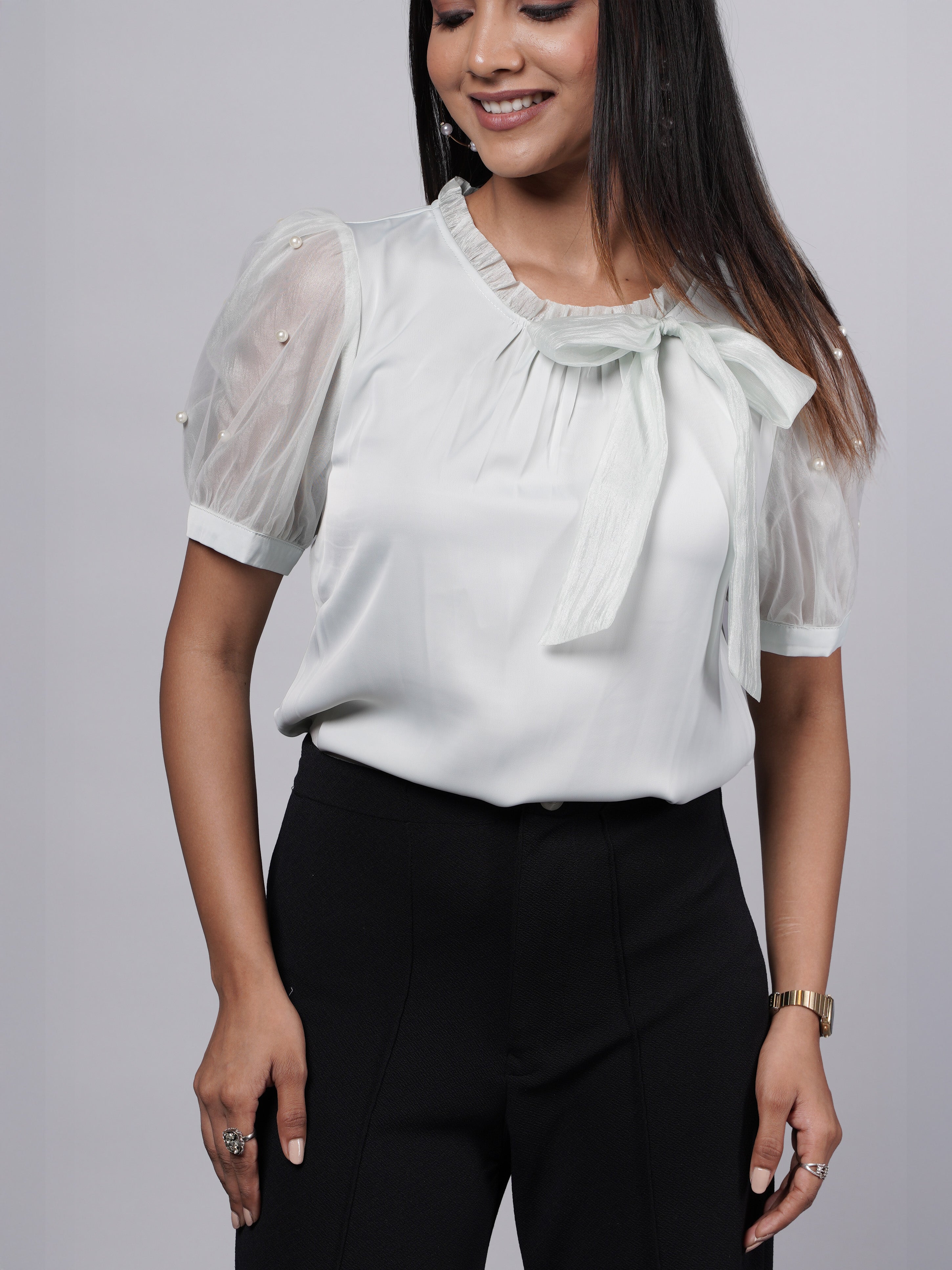 Pearls & Bow Detailed Puff Sleeve Green Top