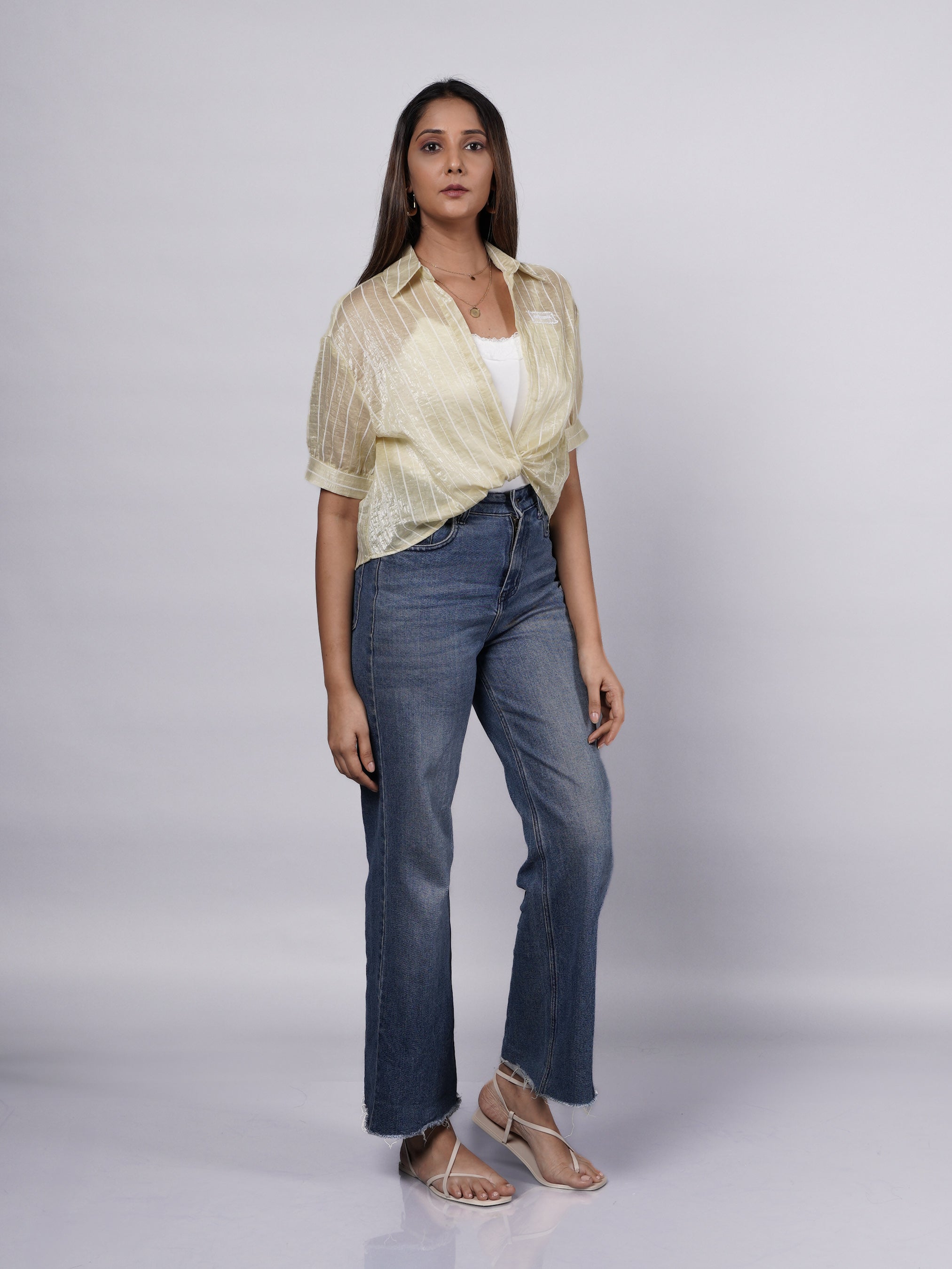 Yellow Crop Top with Sheer Striped Shirt – 2-Piece