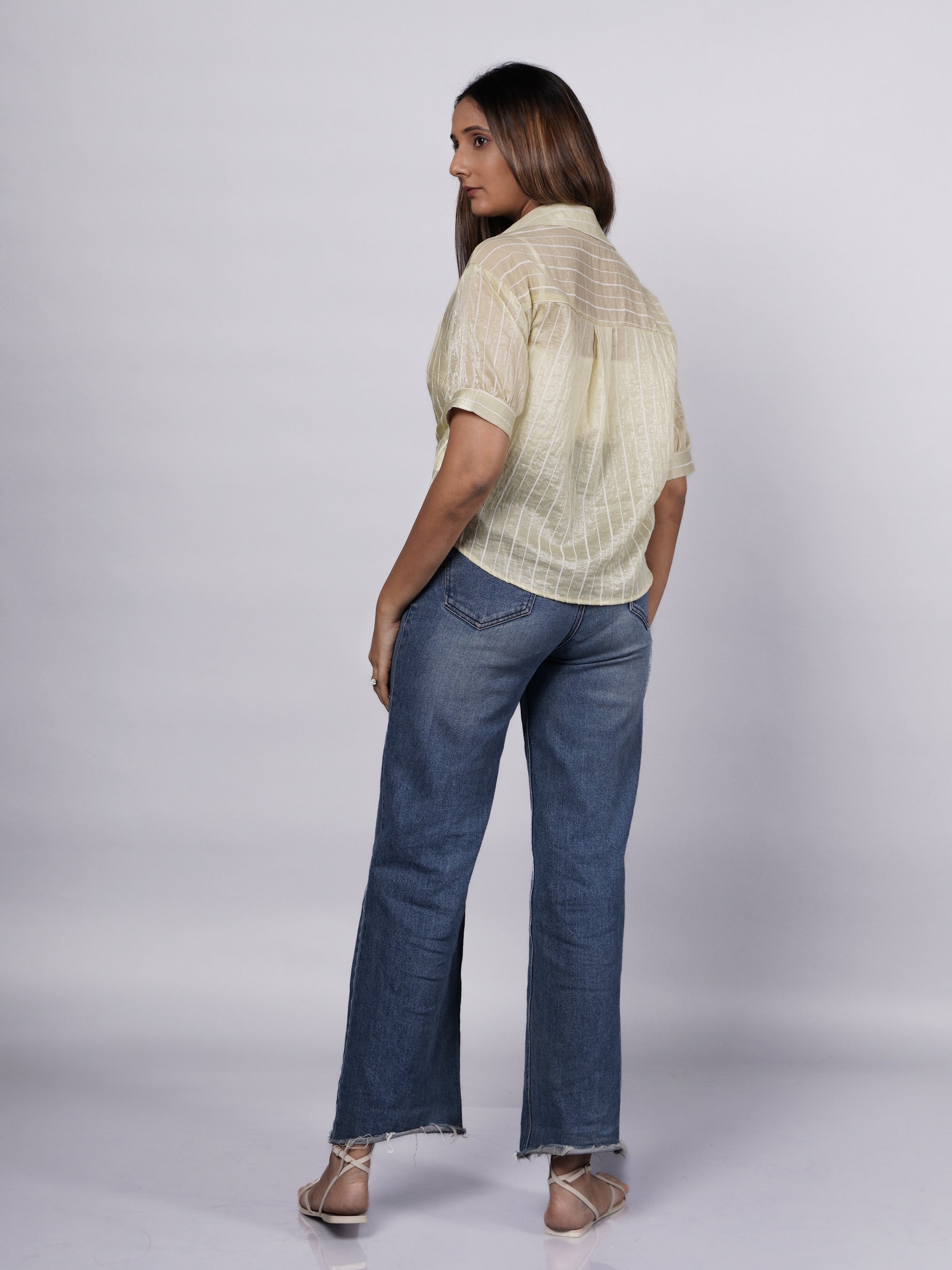 Yellow Crop Top with Sheer Striped Shirt – 2-Piece