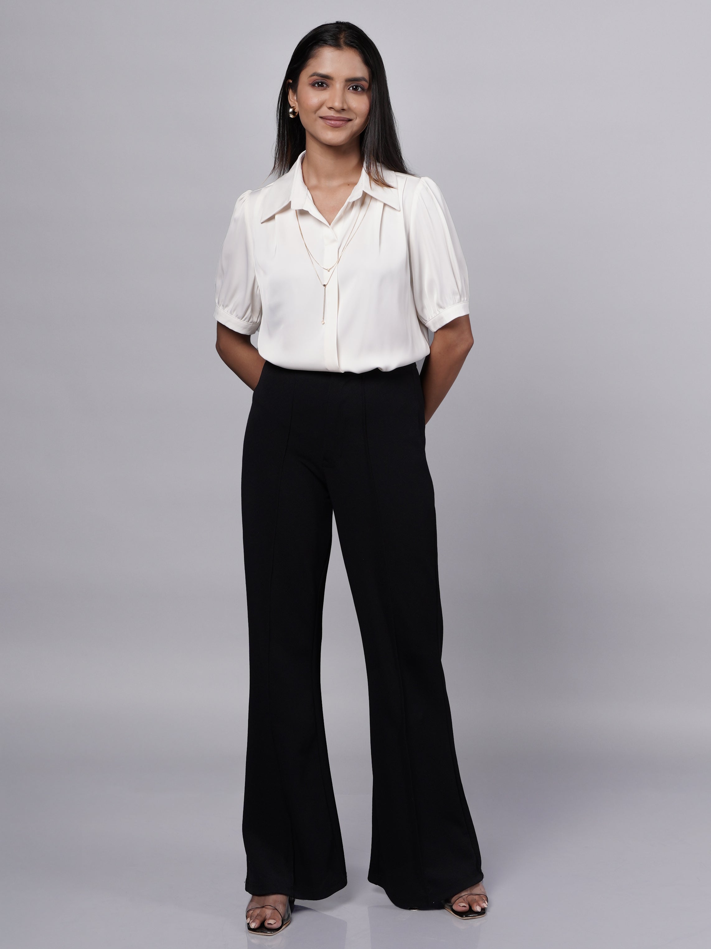 Formal Satin Shirt With Puff Sleeve