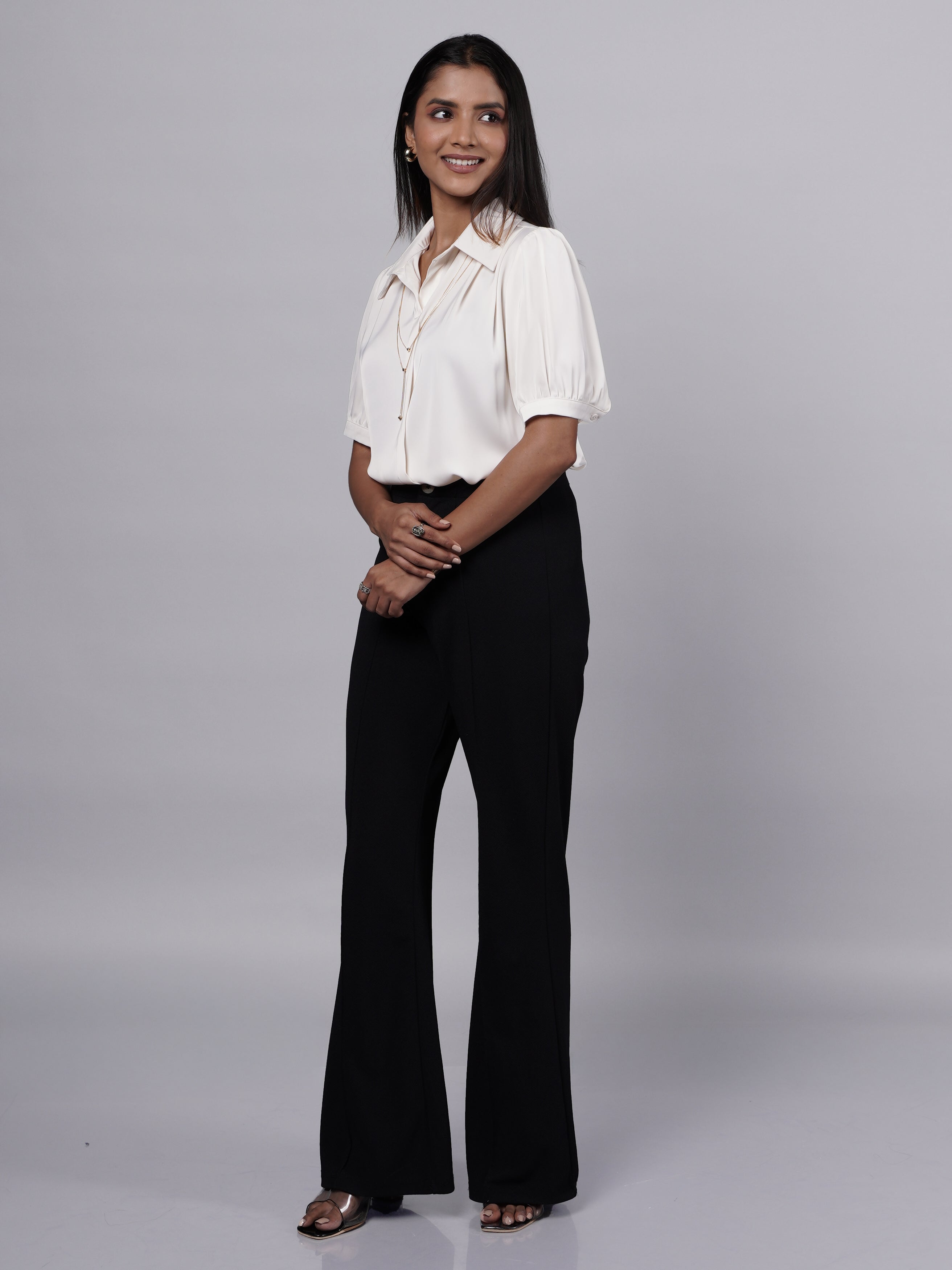 Formal Satin Shirt With Puff Sleeve
