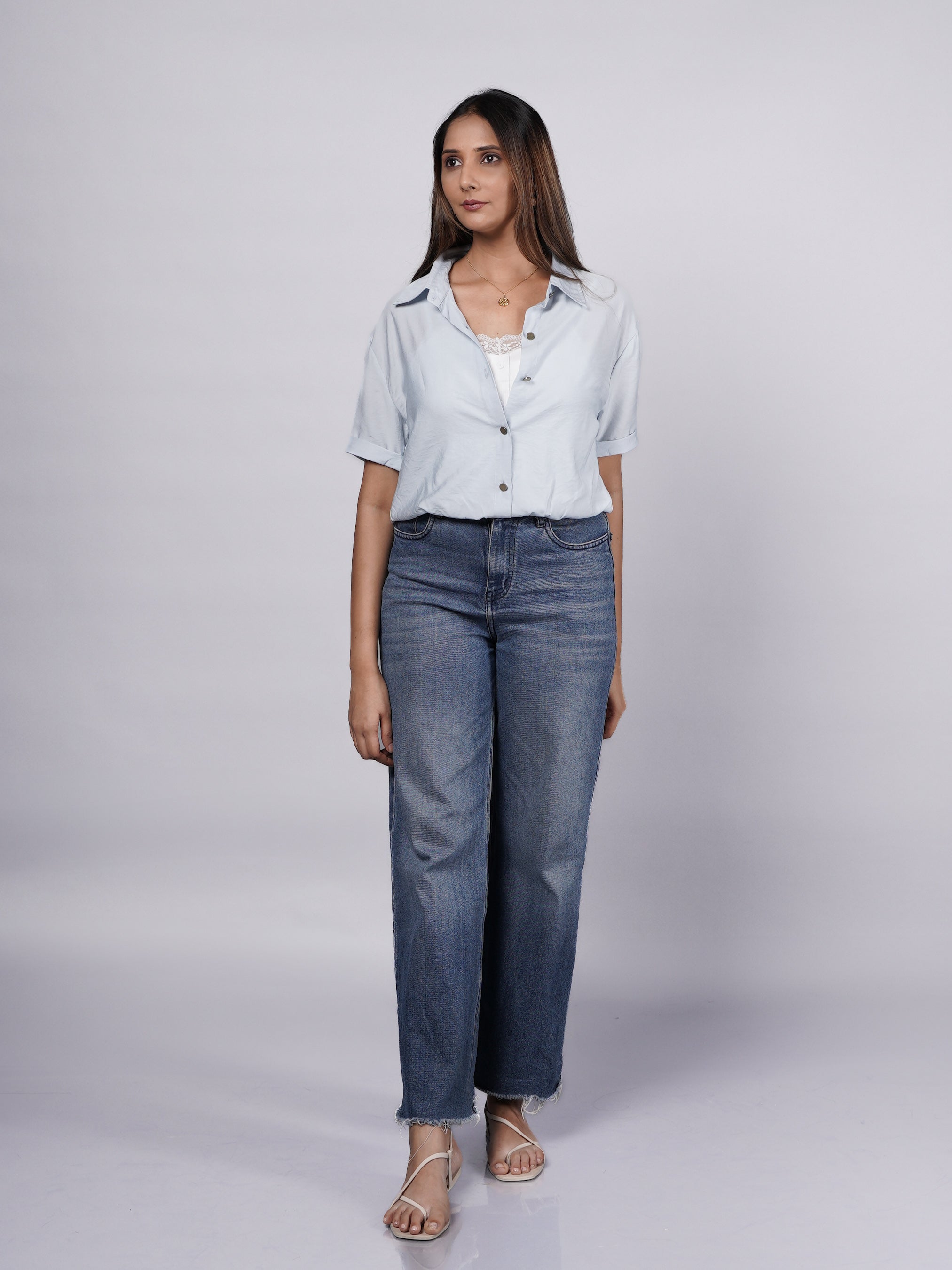 Blue Oversized Shirt with Attached Lace Cami