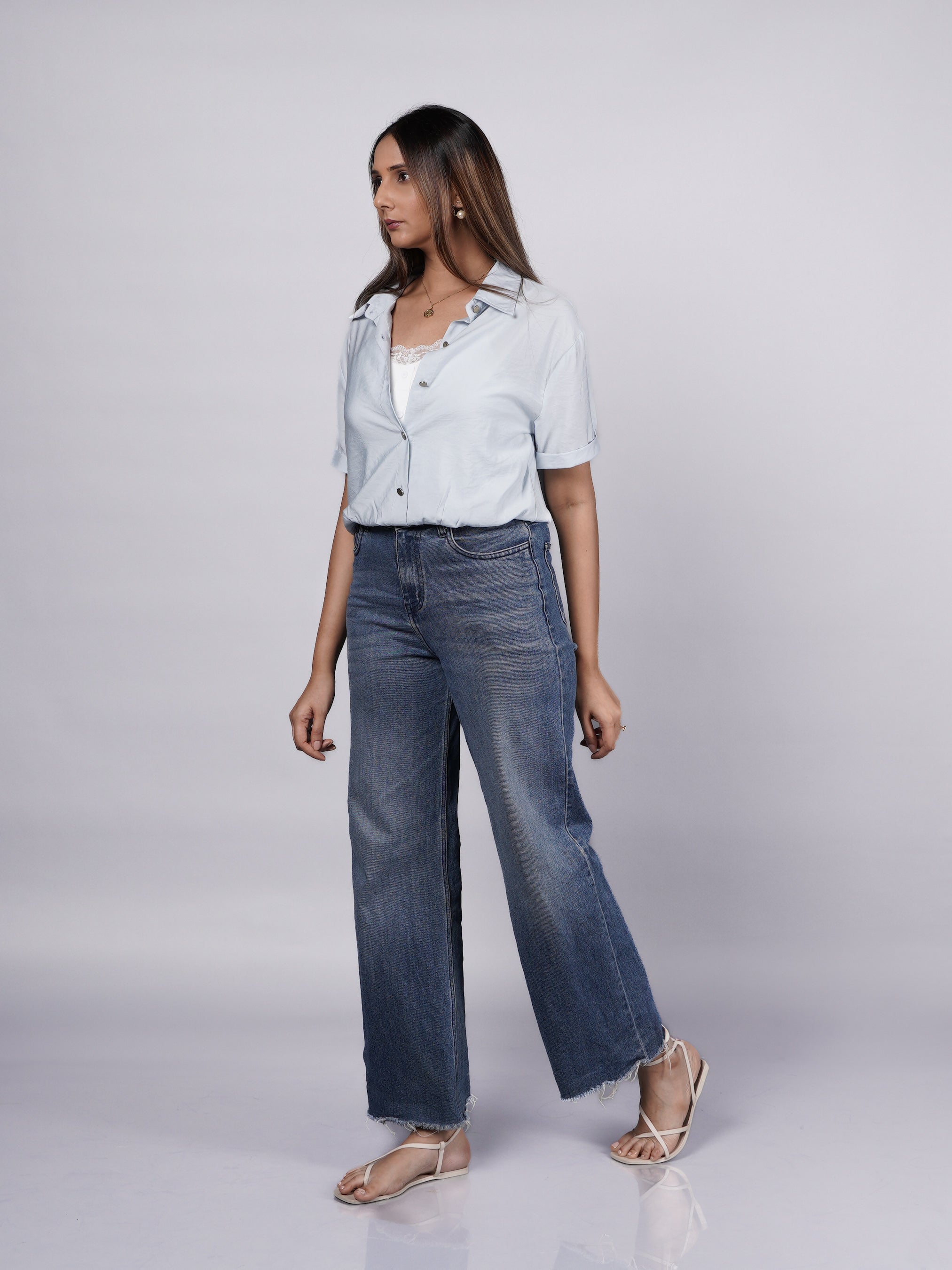Blue Oversized Shirt with Attached Lace Cami