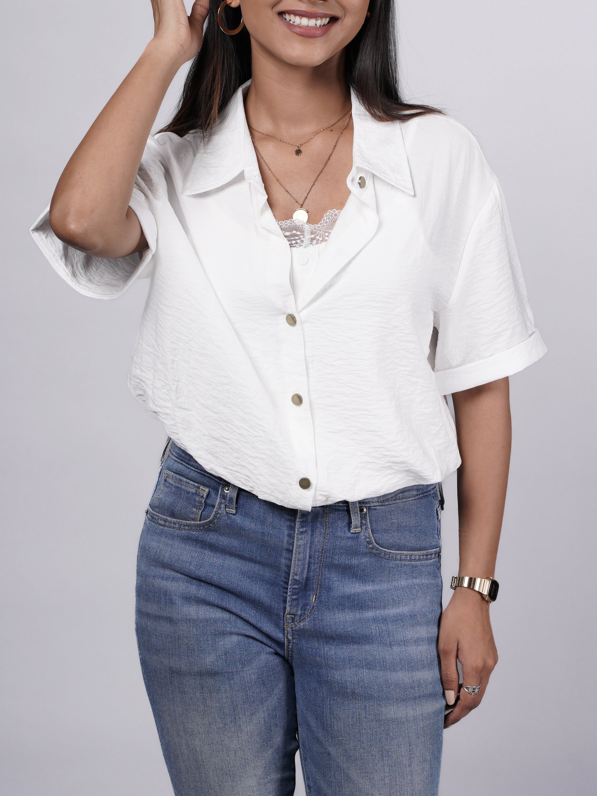 White Oversized Shirt with Attached Lace Cami