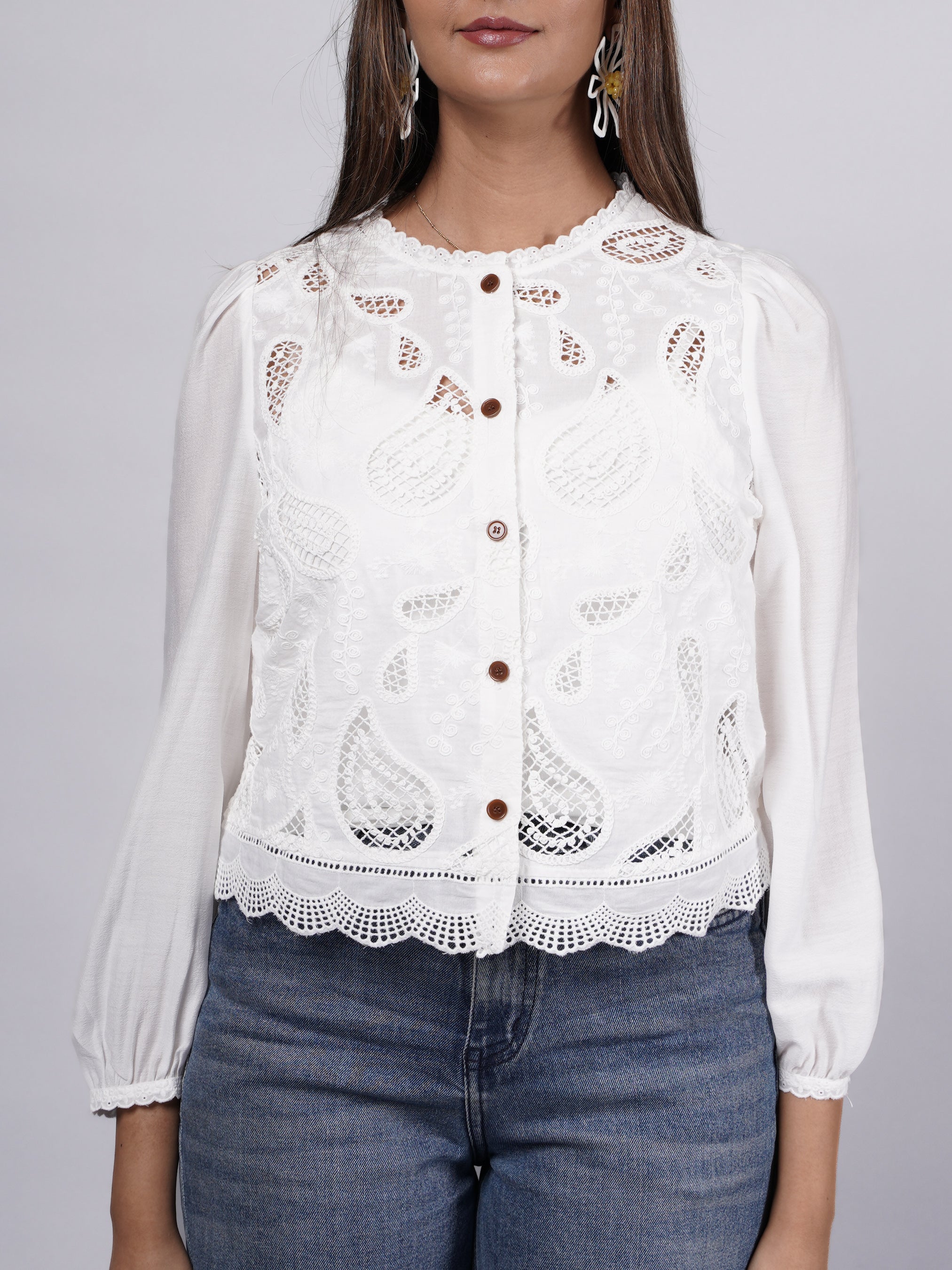 White Embroidered Lace Button-Down Top