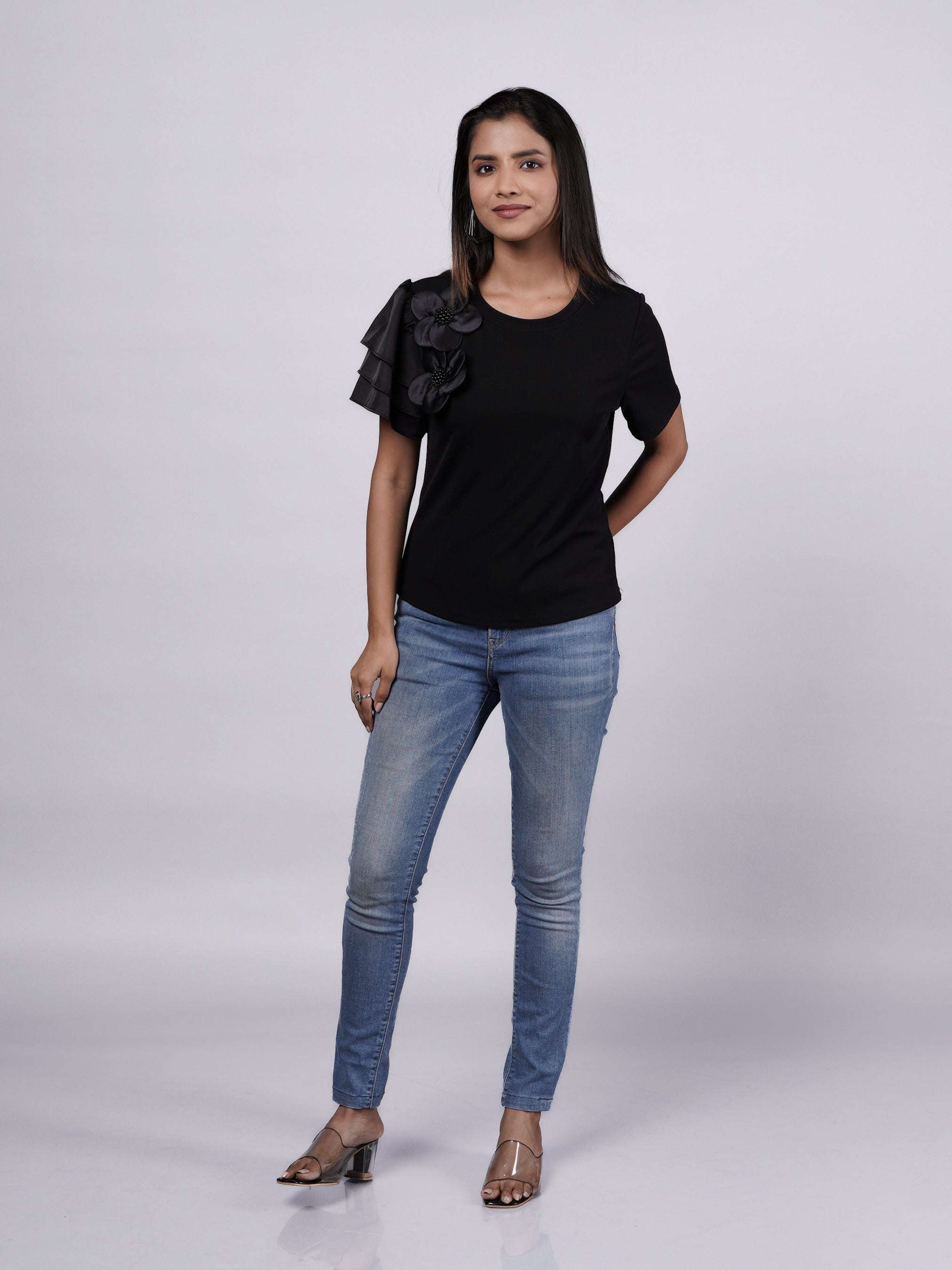 Black Ruffle Floral Top
