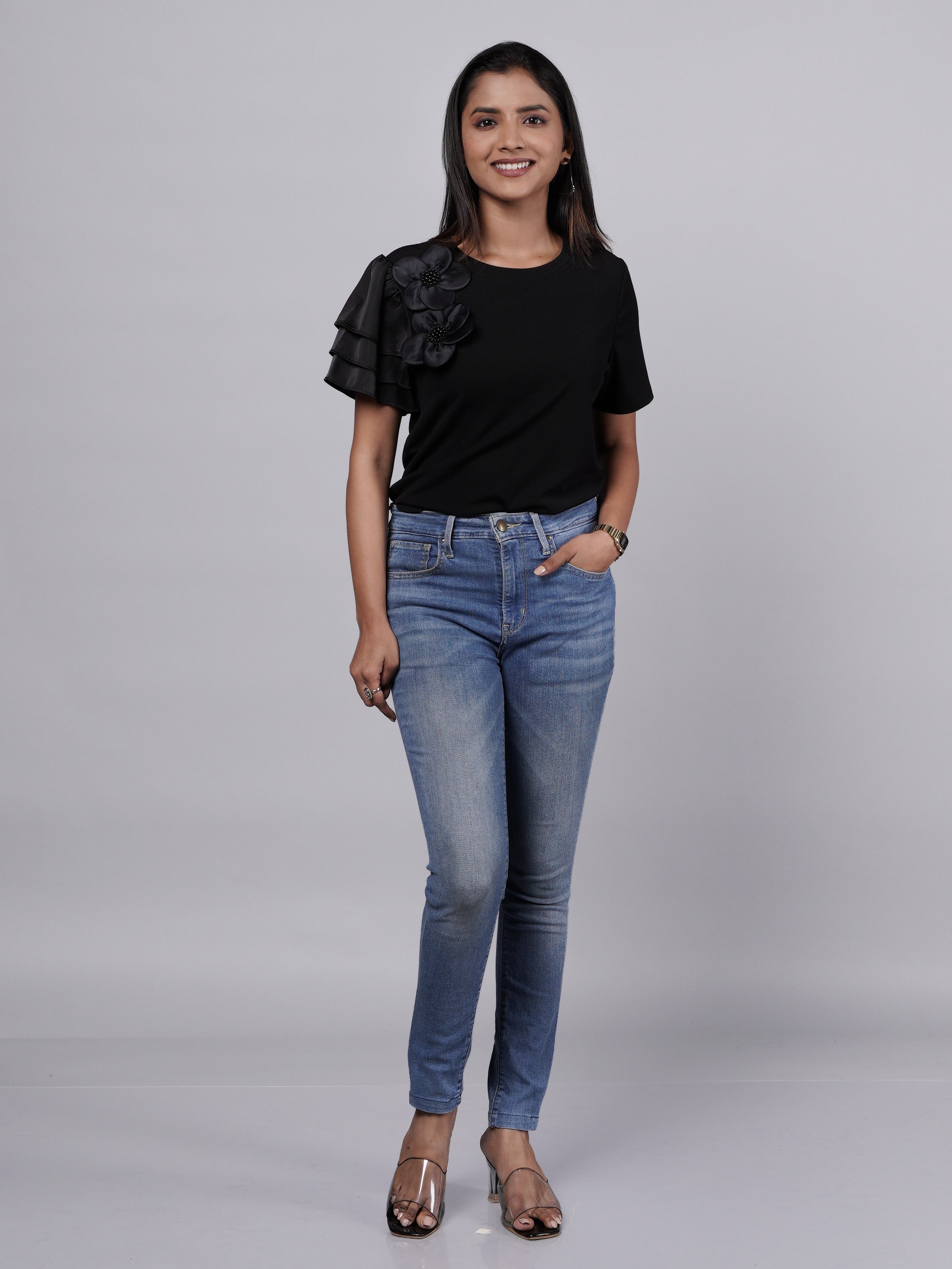 Black Ruffle Floral Top