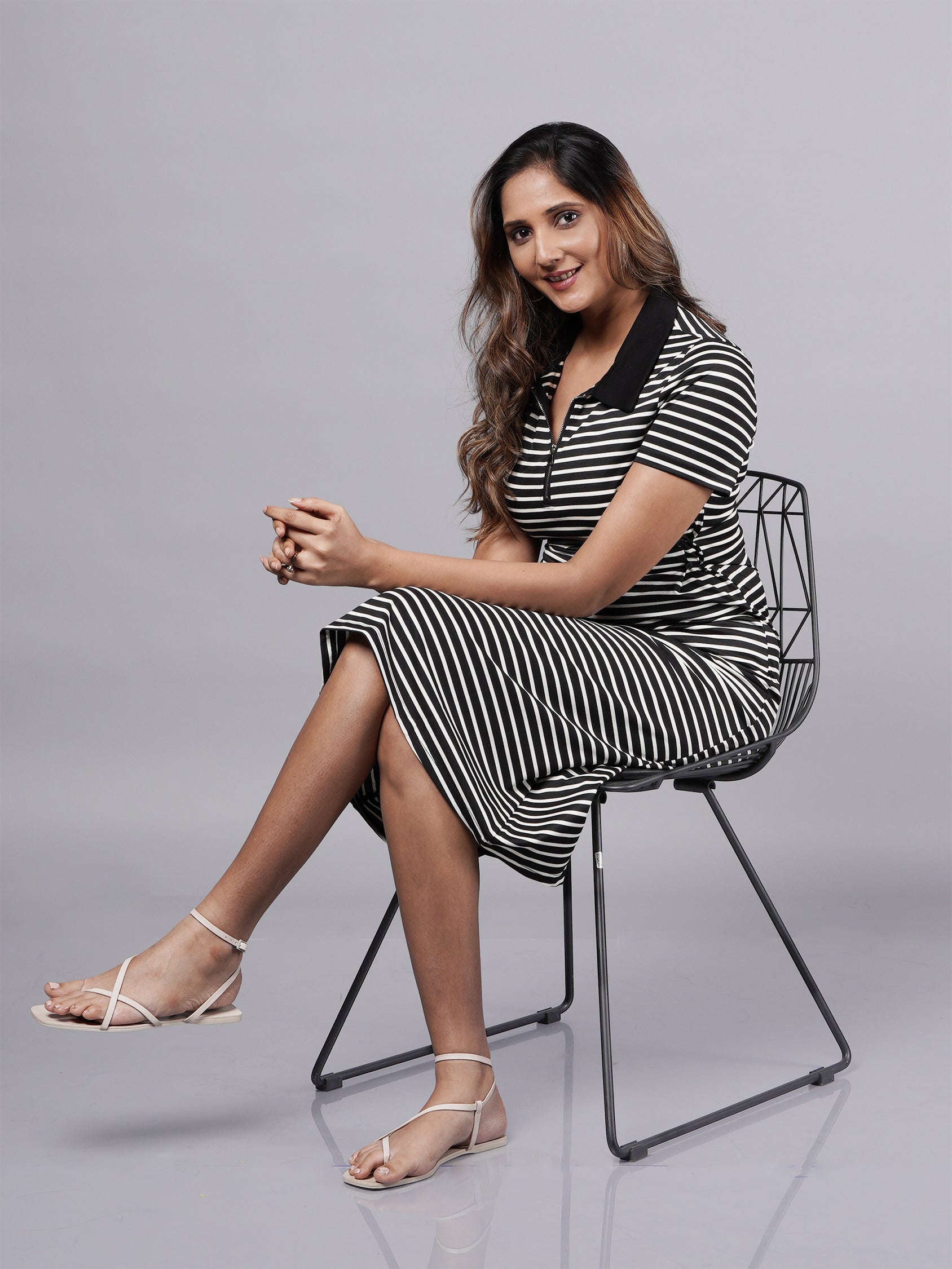 Black Stripe Dress with Adjustable Waist