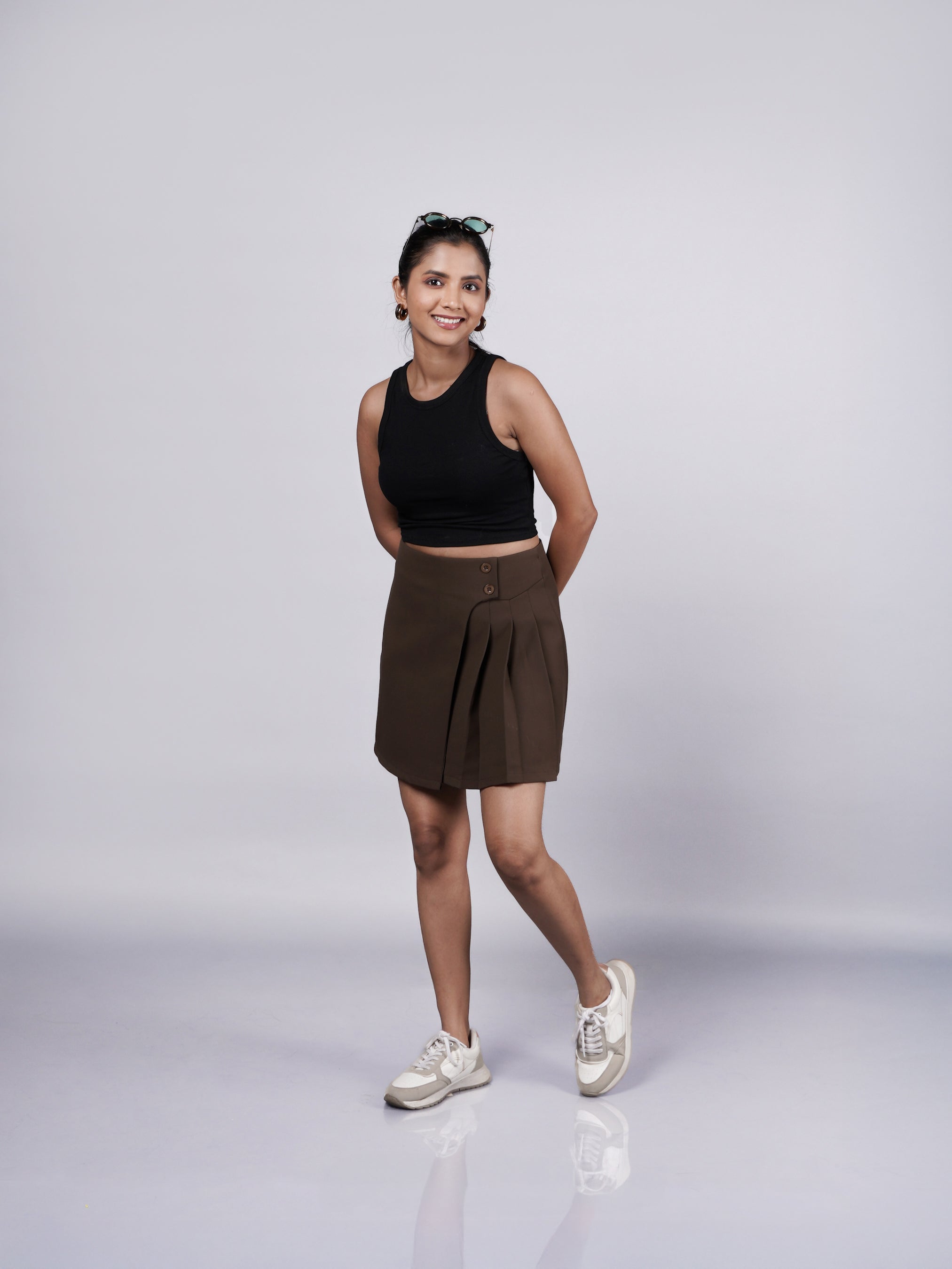 Asymmetrical Box Pleated Brown Mini Skirt