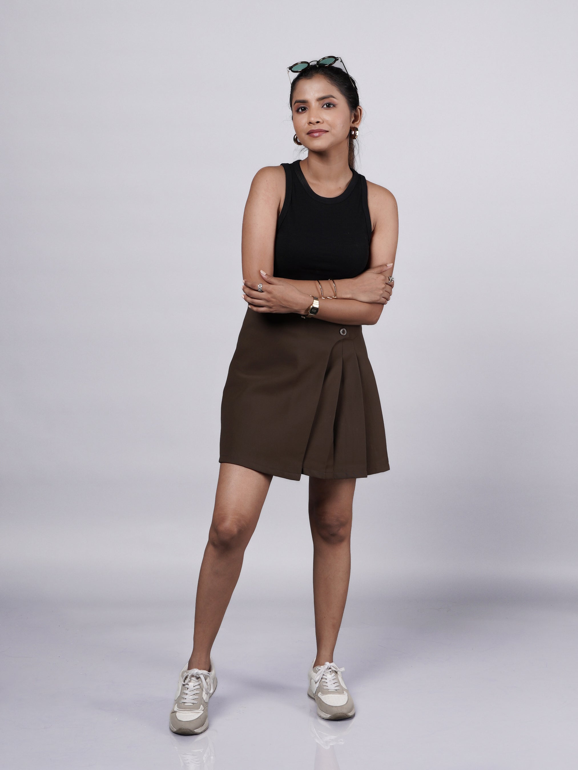 Asymmetrical Box Pleated Brown Mini Skirt