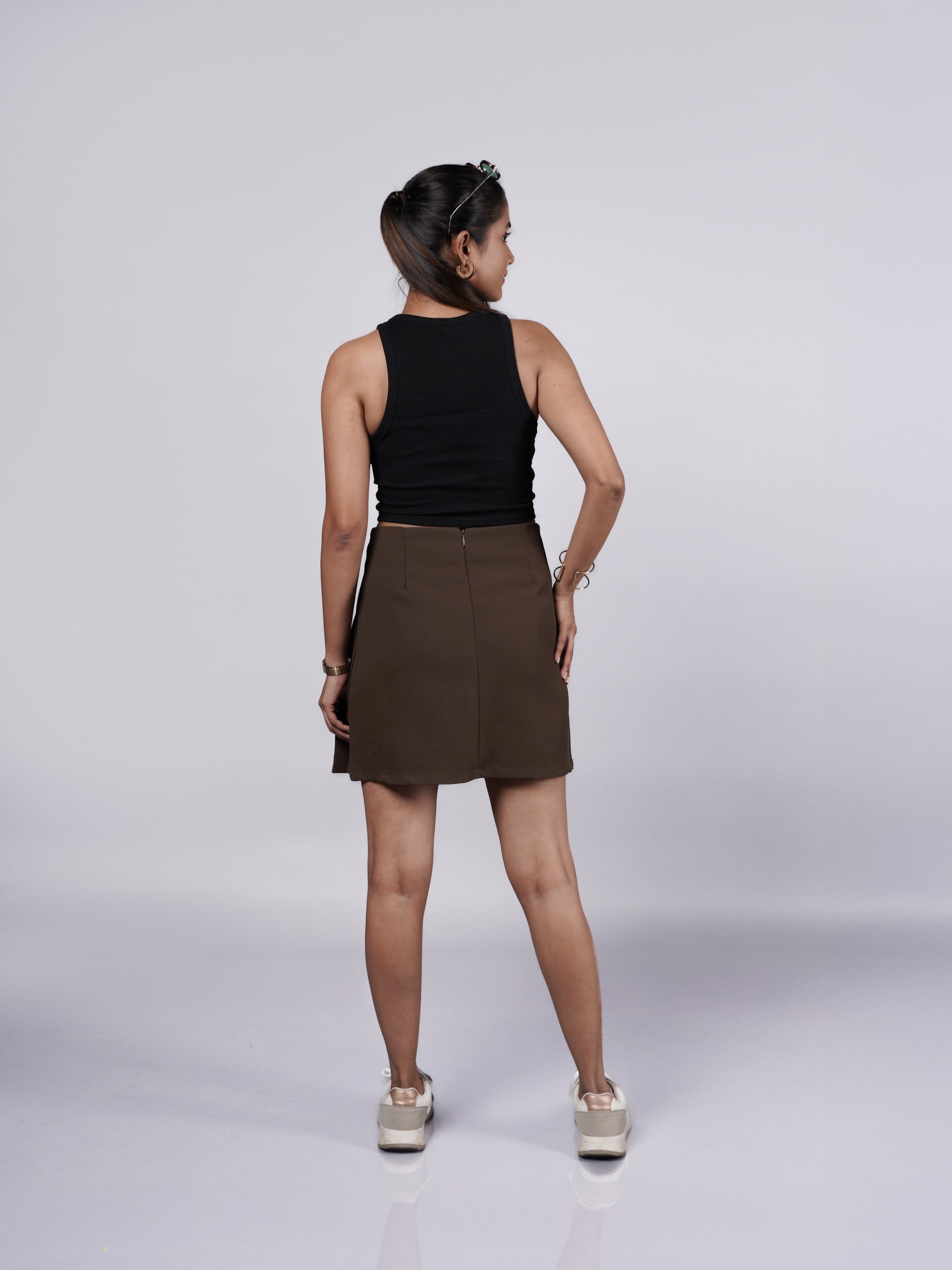 Asymmetrical Box Pleated Brown Mini Skirt