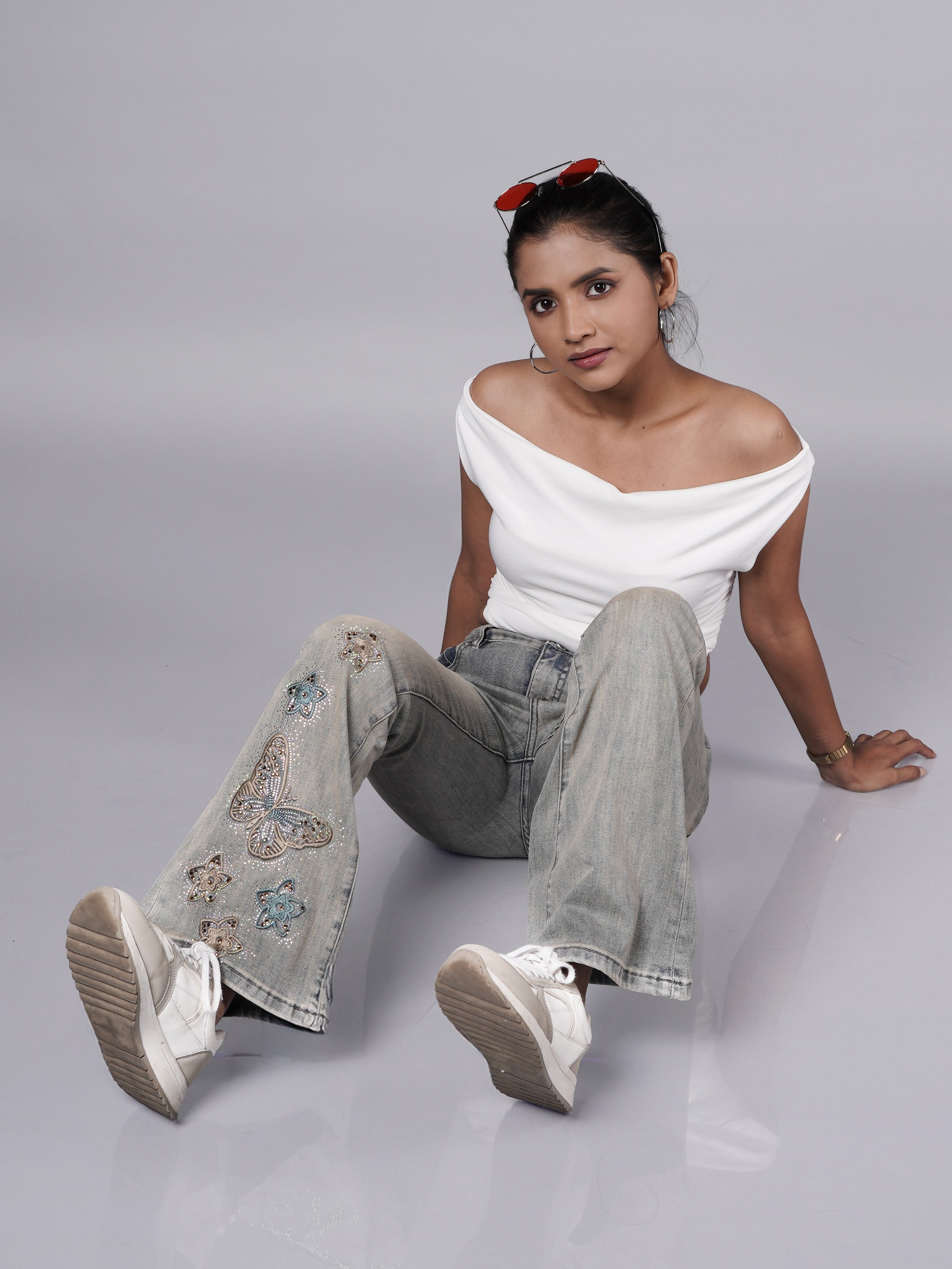 Grey Embroidered Bootcut Jeans