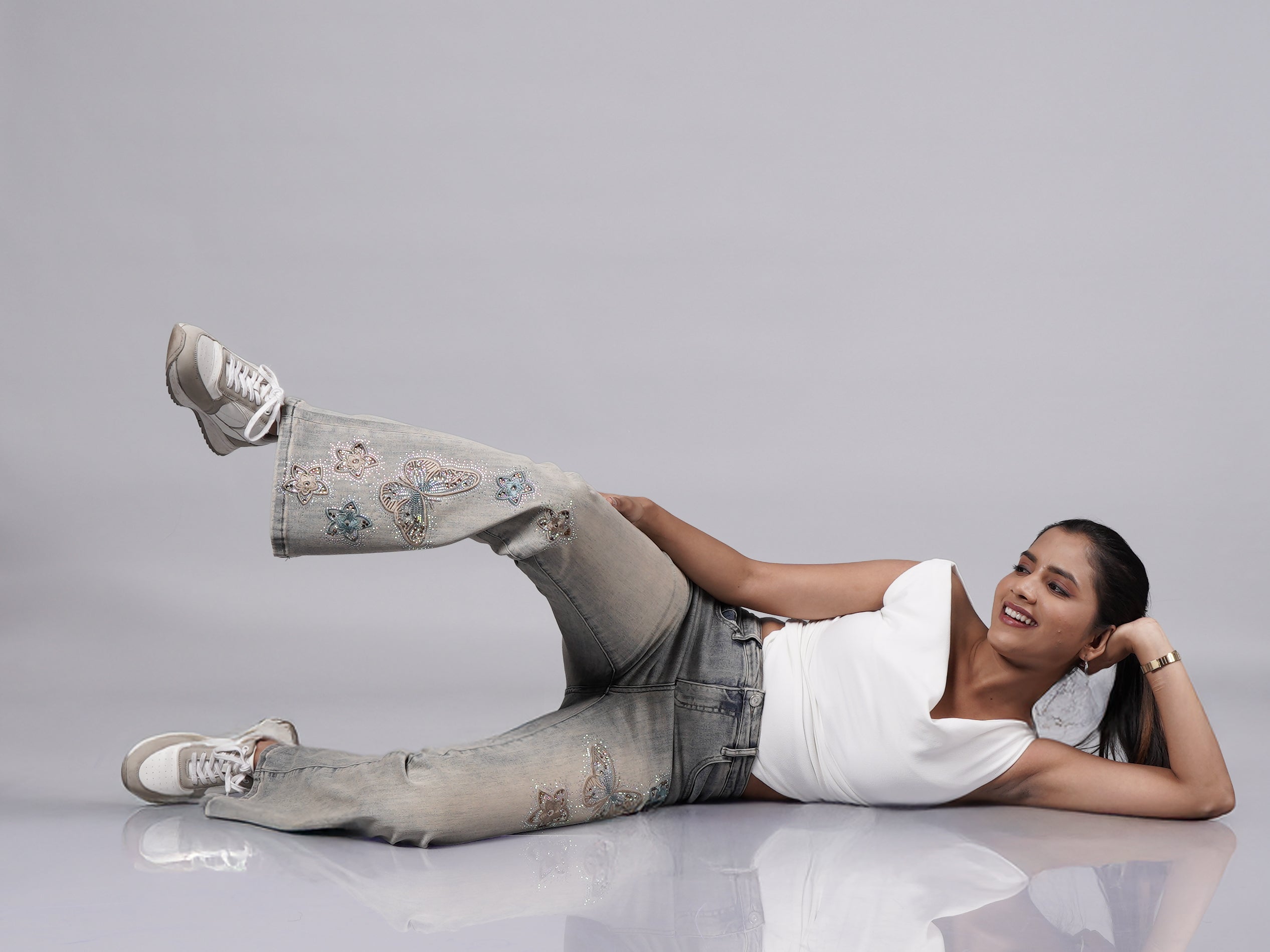 Grey Embroidered Bootcut Jeans