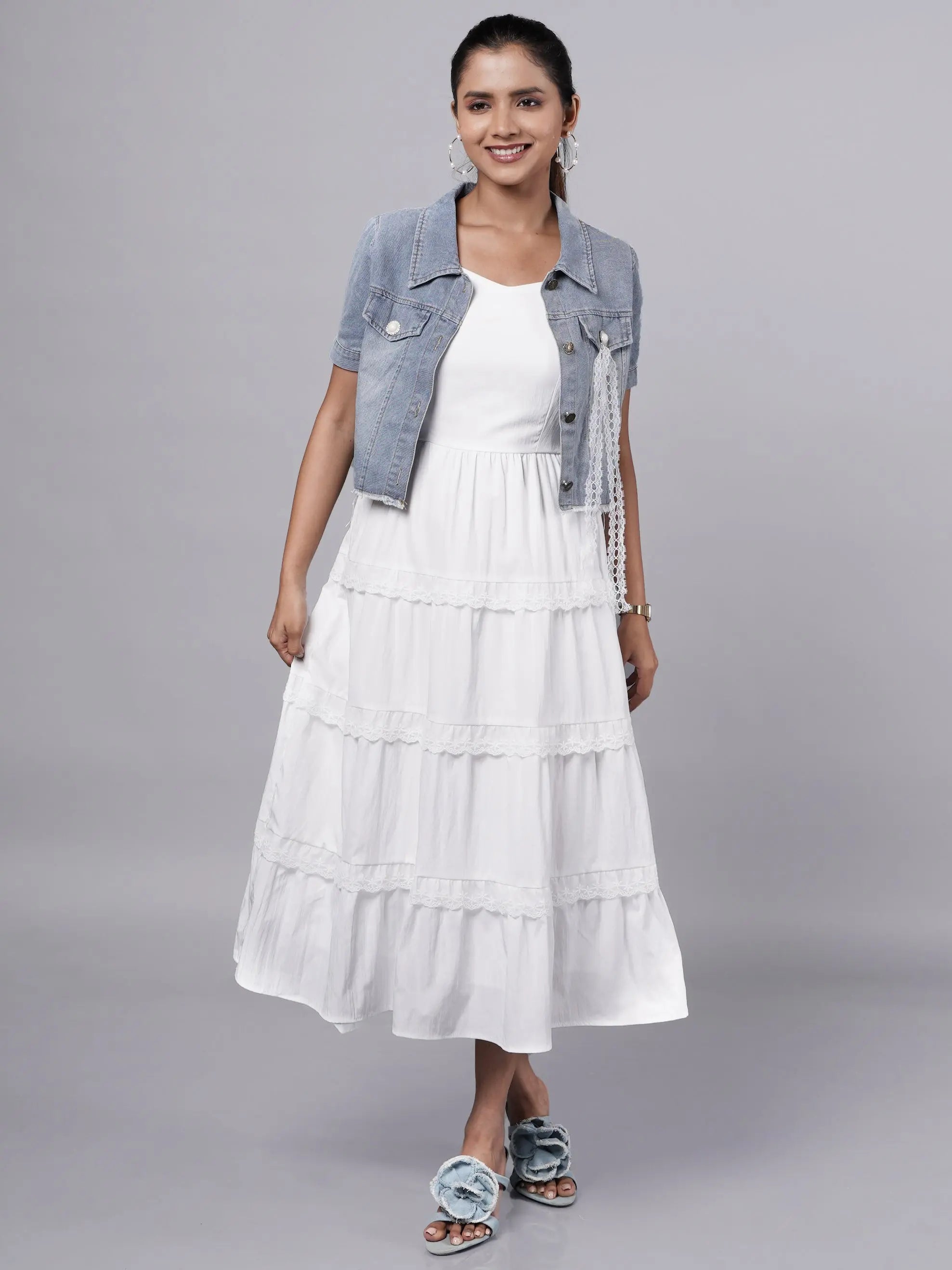 White Ruffle Midi Dress with Vintage Denim Jacket