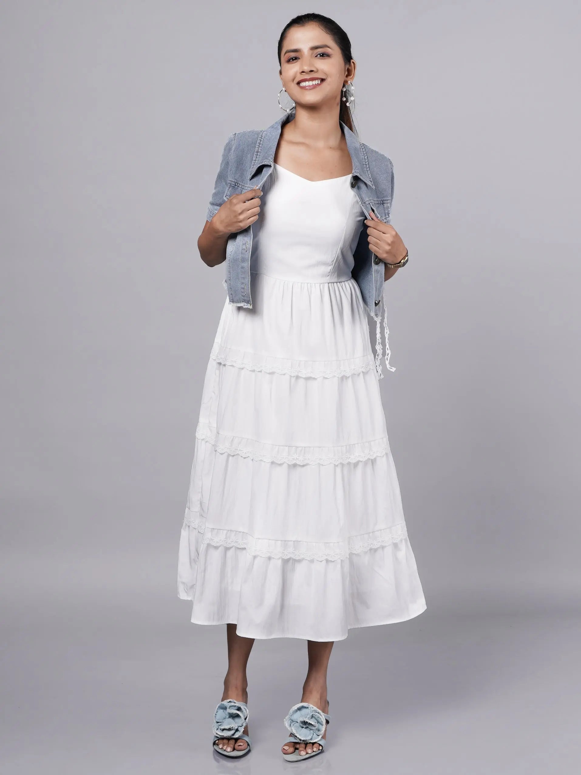 White Ruffle Midi Dress with Vintage Denim Jacket