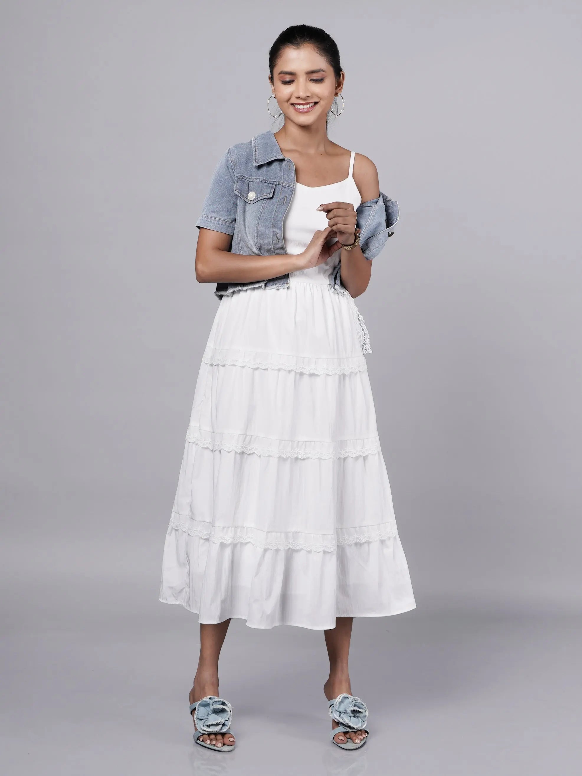 White Ruffle Midi Dress with Vintage Denim Jacket