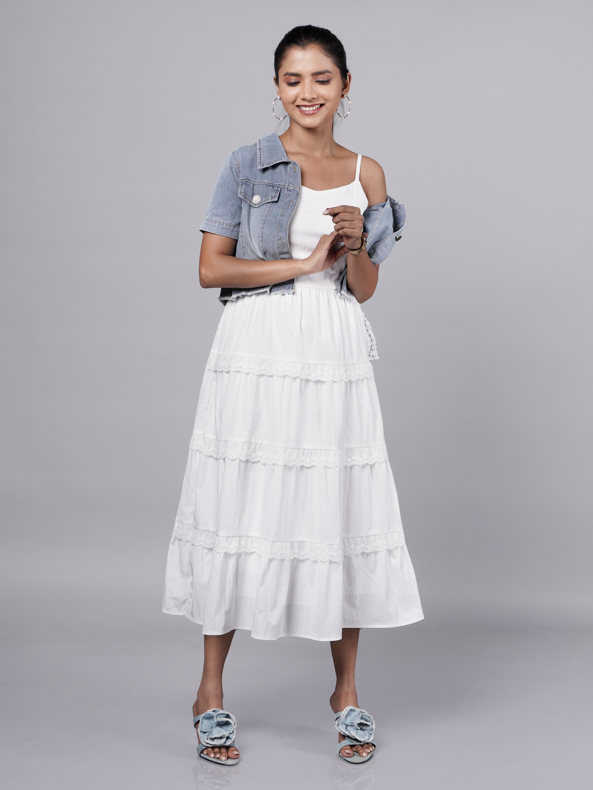 White Slip Dress with Denim Jacket