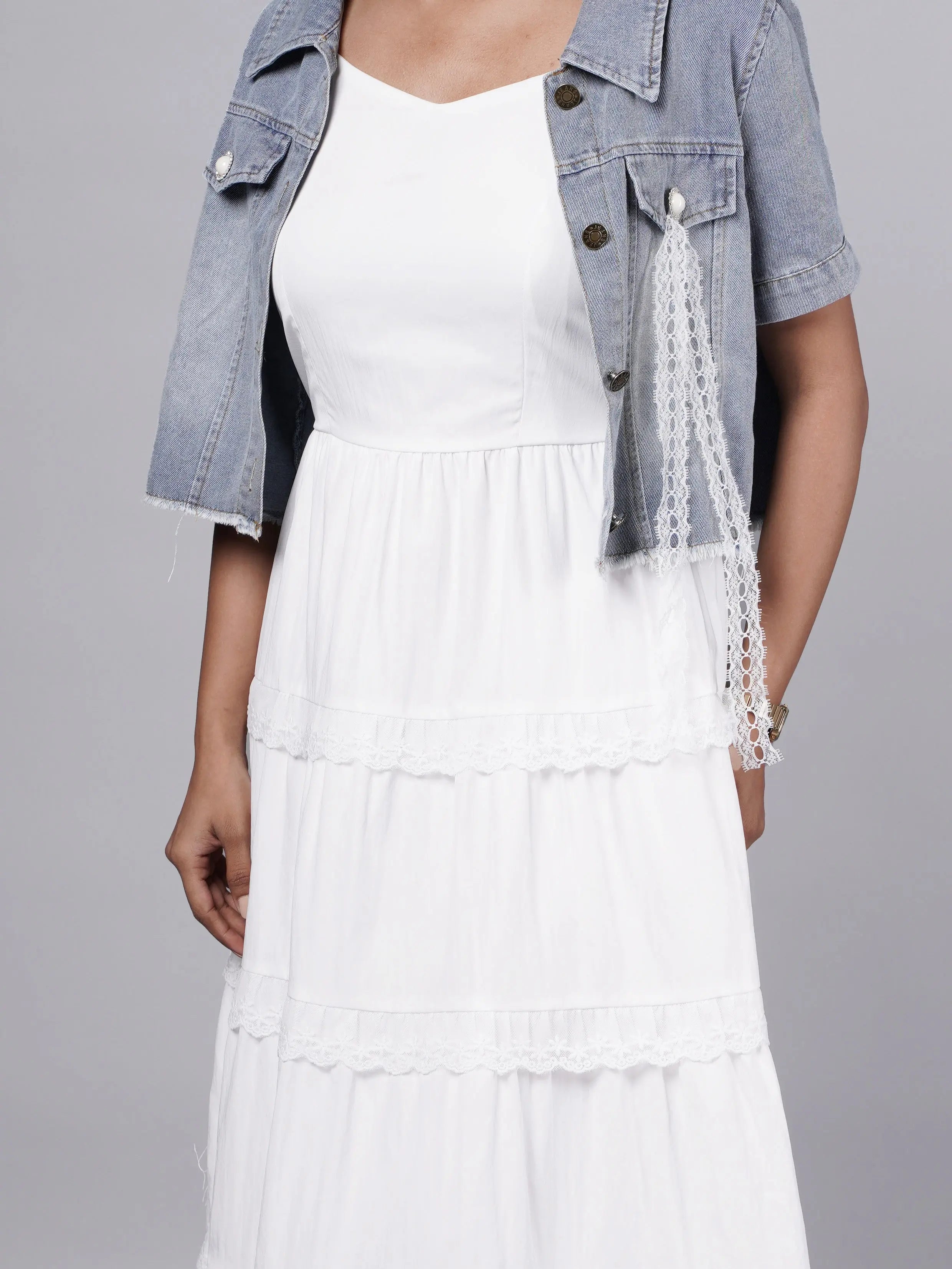 White Ruffle Midi Dress with Vintage Denim Jacket