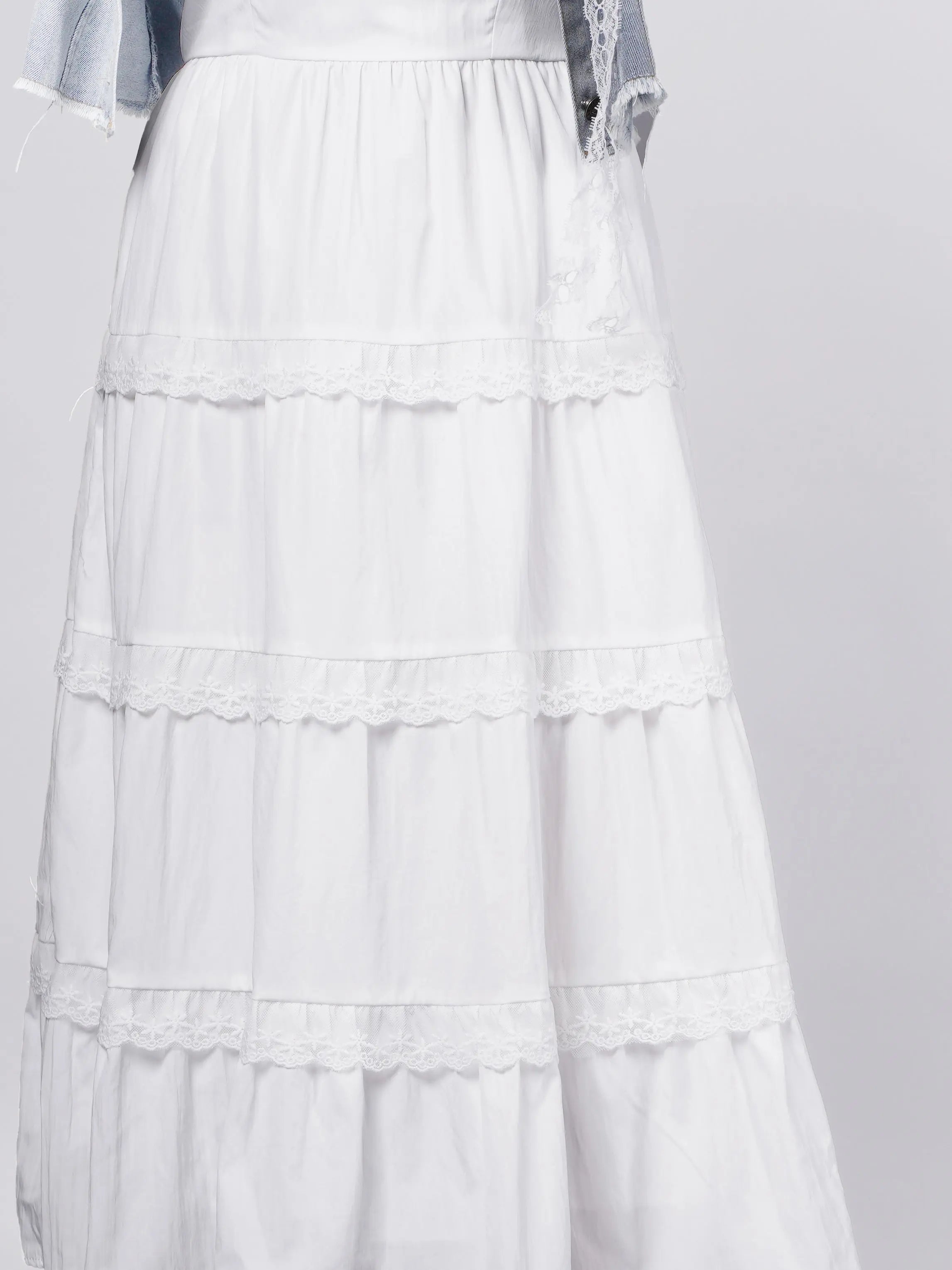 White Ruffle Midi Dress with Vintage Denim Jacket