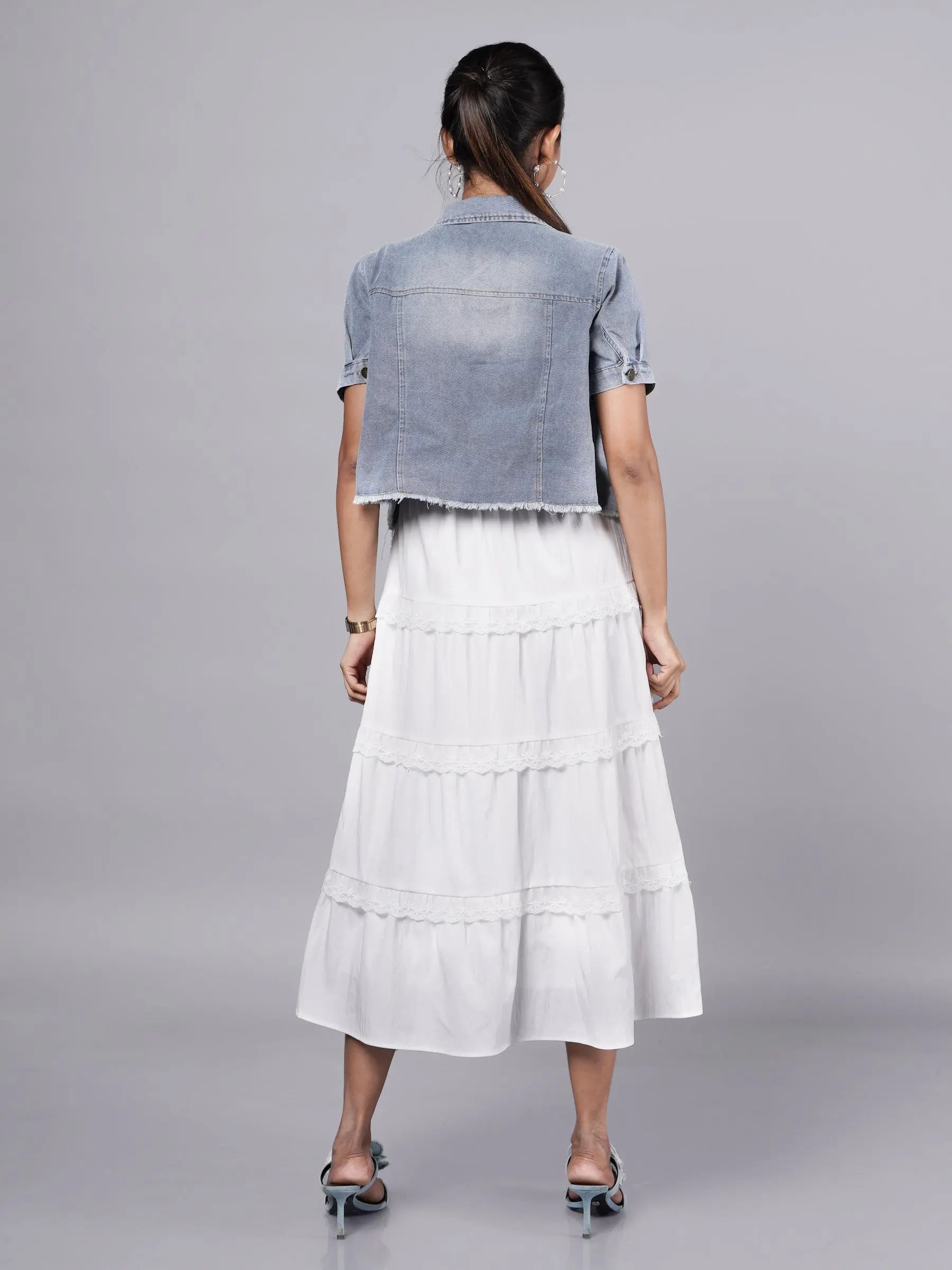 White Ruffle Midi Dress with Vintage Denim Jacket