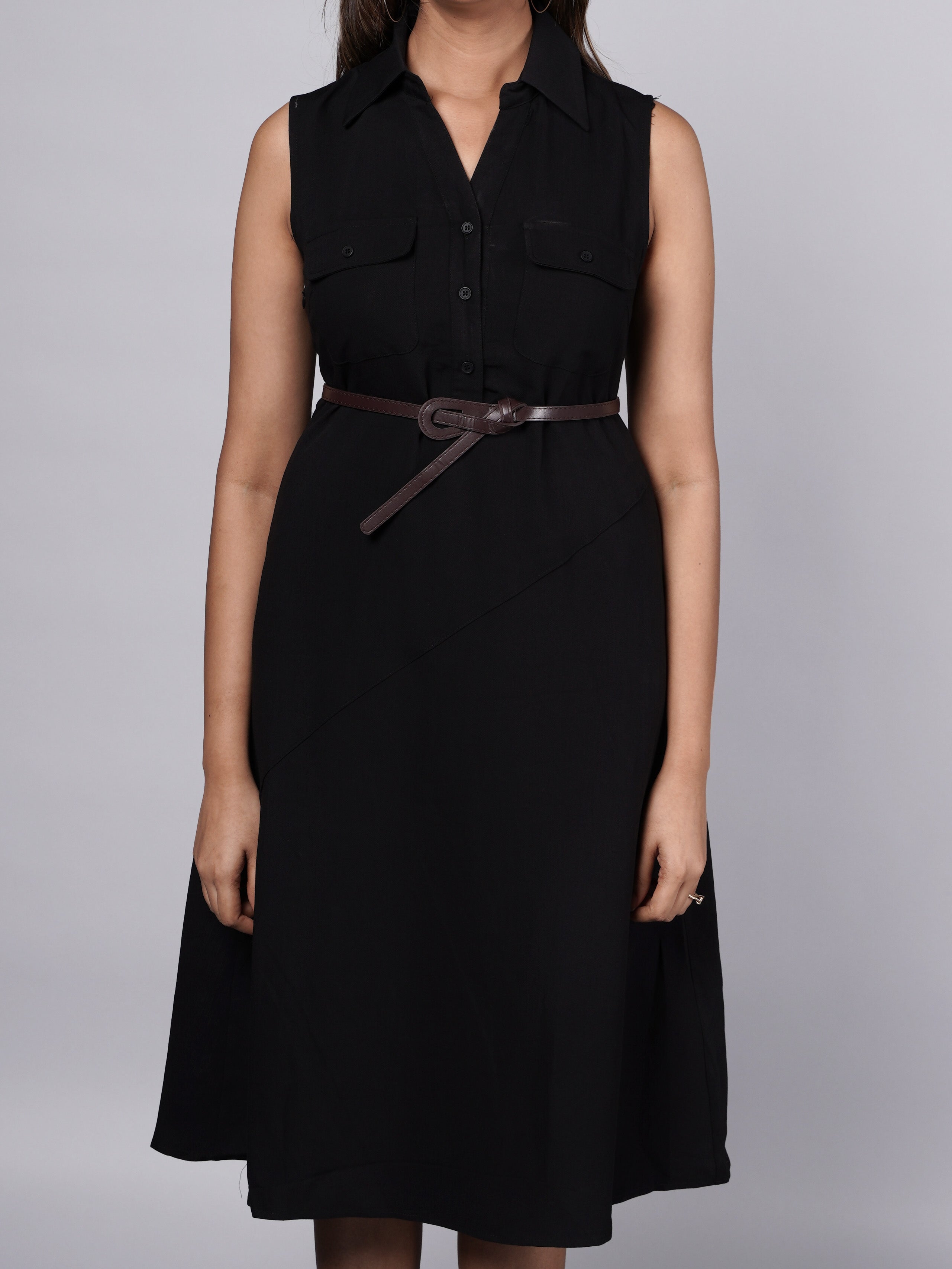 Sleeveless A-Line Black Shirt Dress