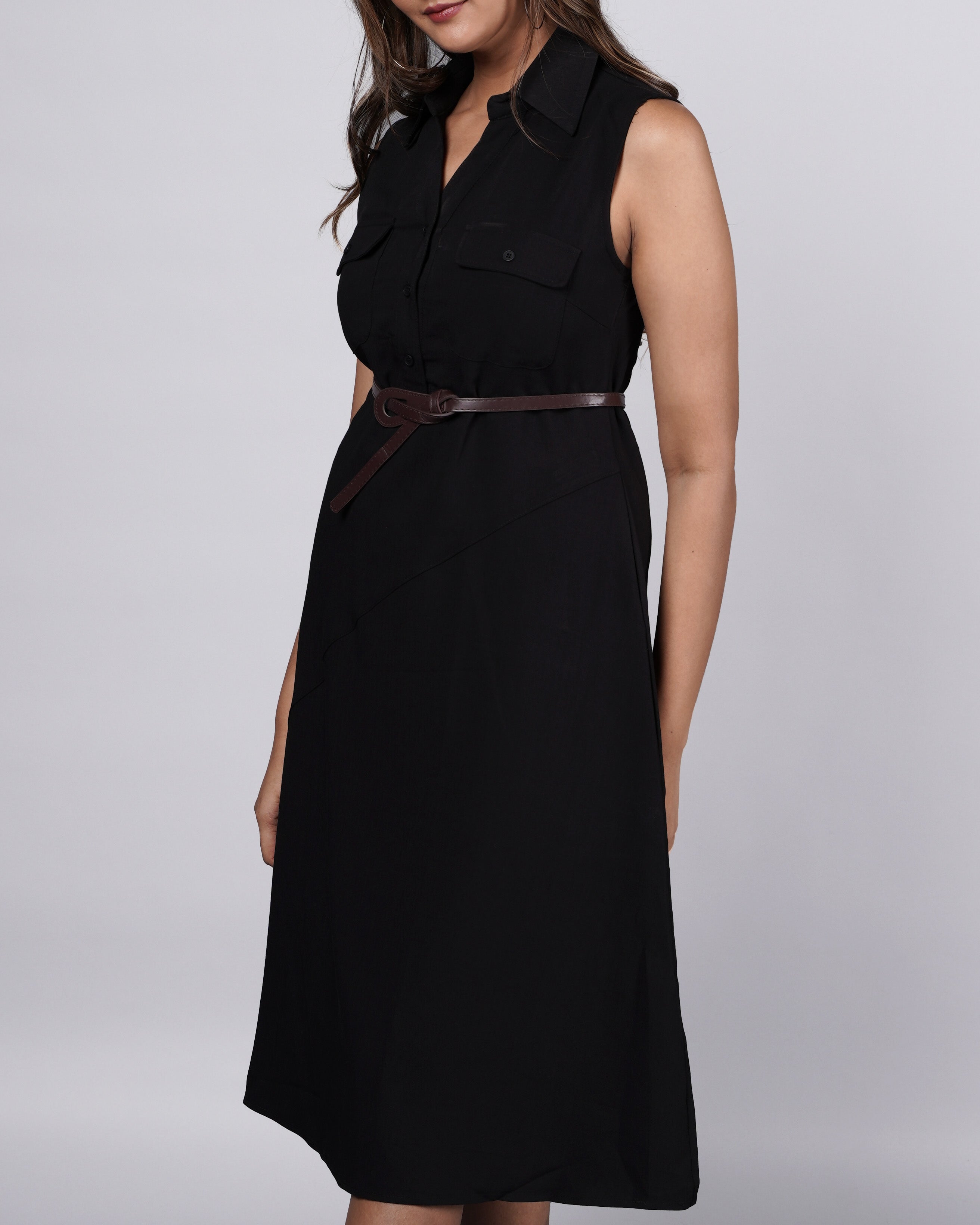 Sleeveless A-Line Black Shirt Dress