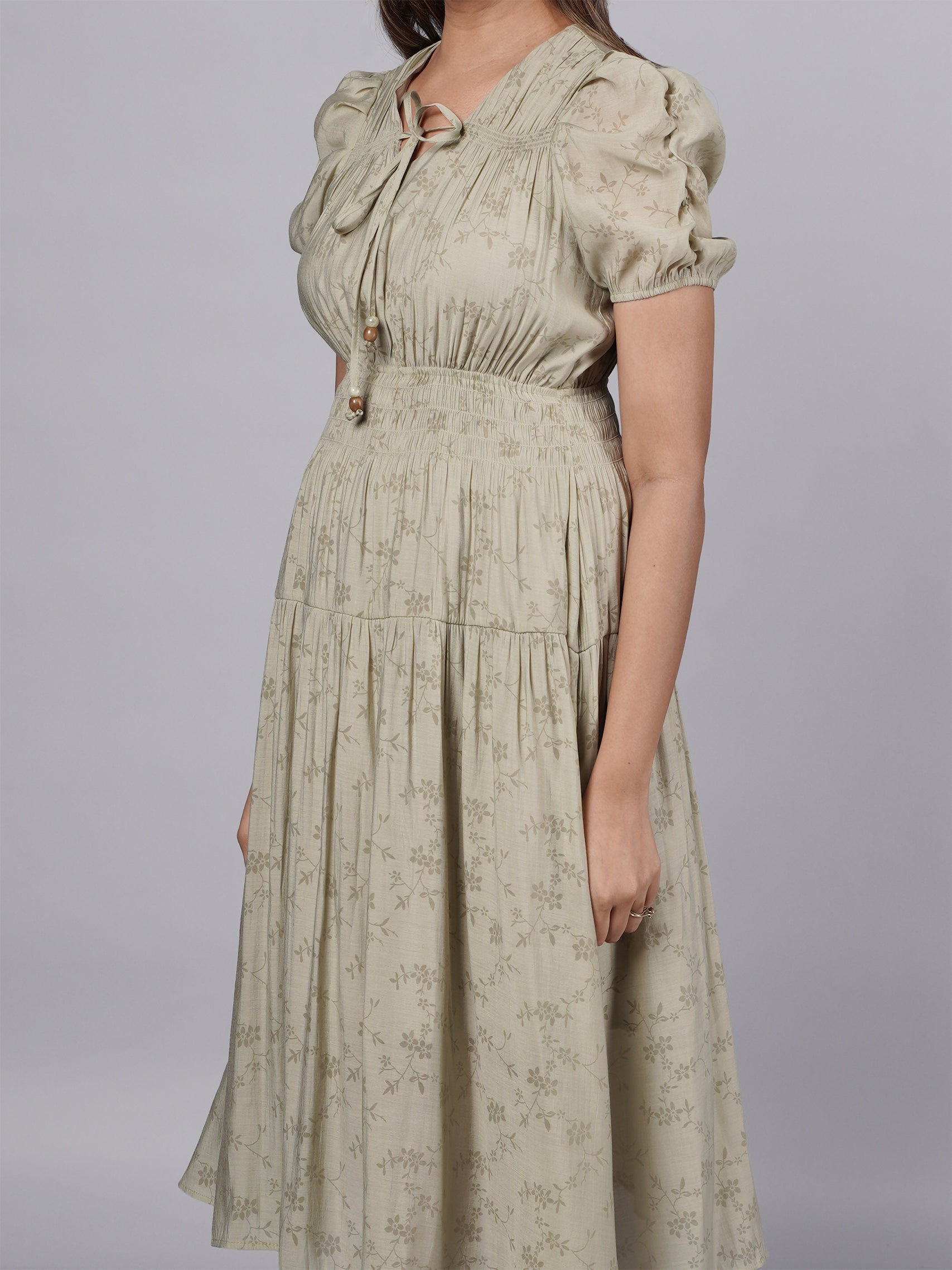 Green Cottagecore Flowy Midi Dress