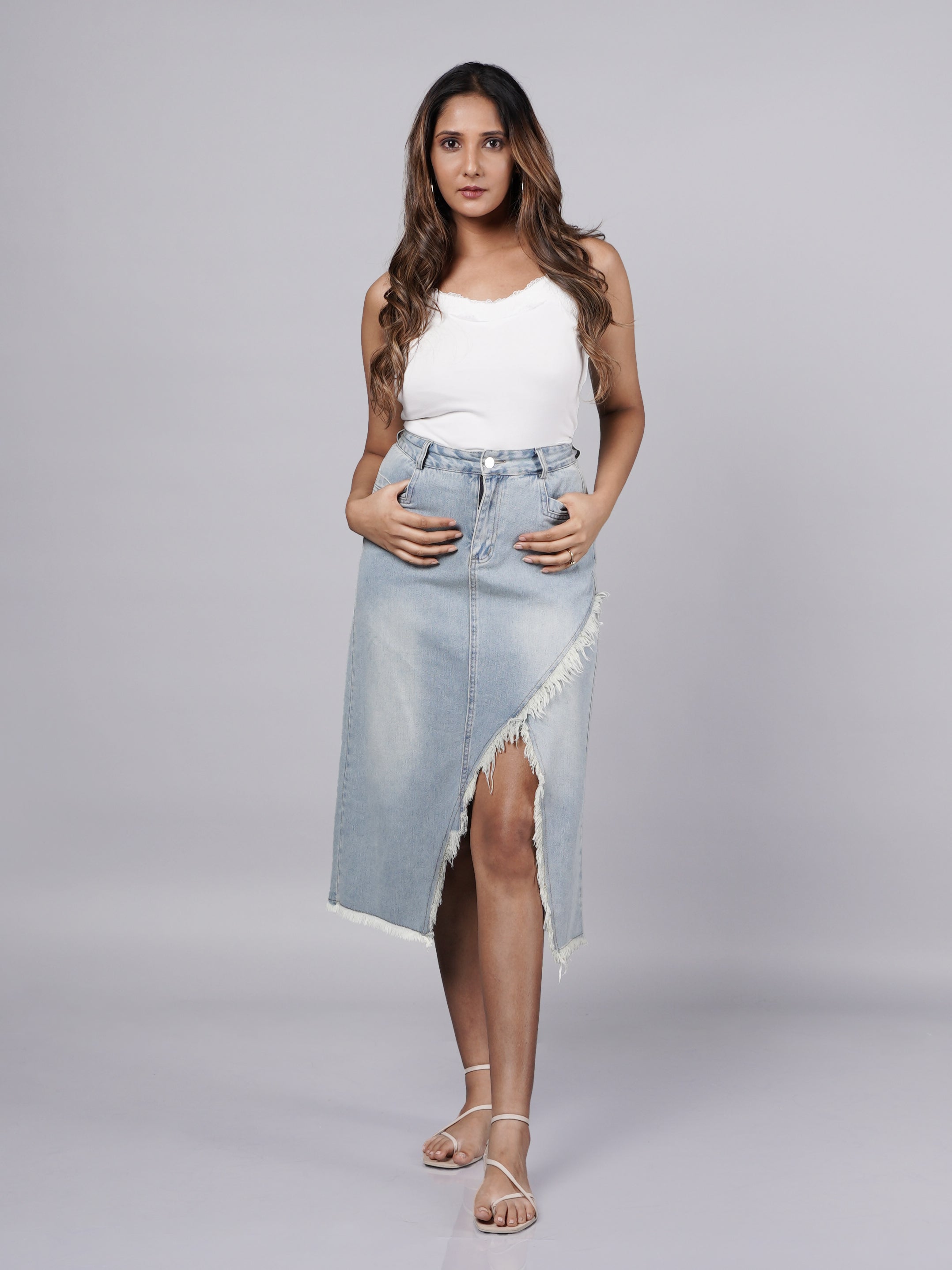 Y3K Fringed Denim Midi Skirt