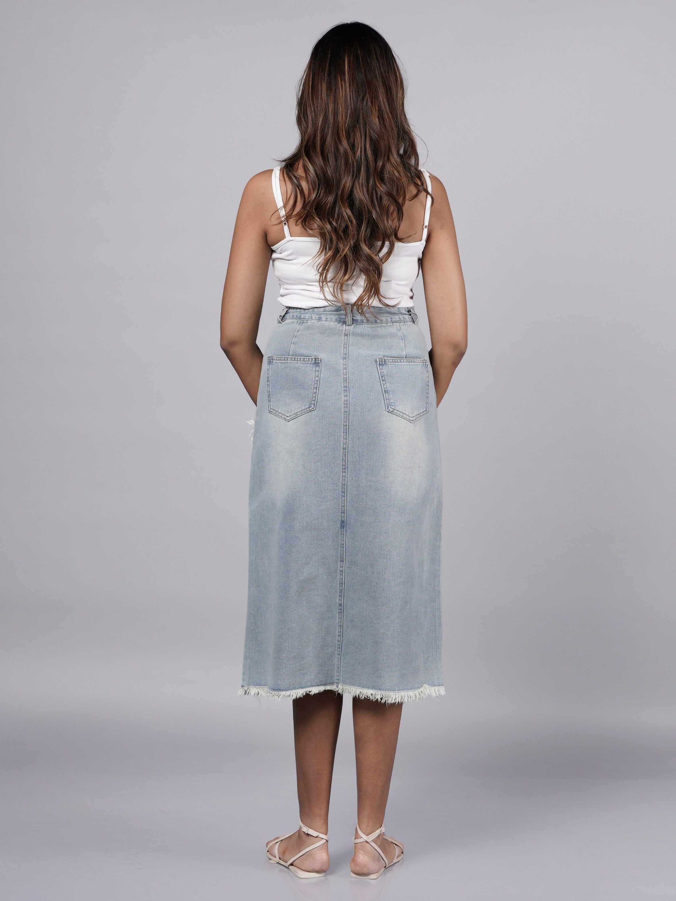 Y3K Fringed Denim Midi Skirt
