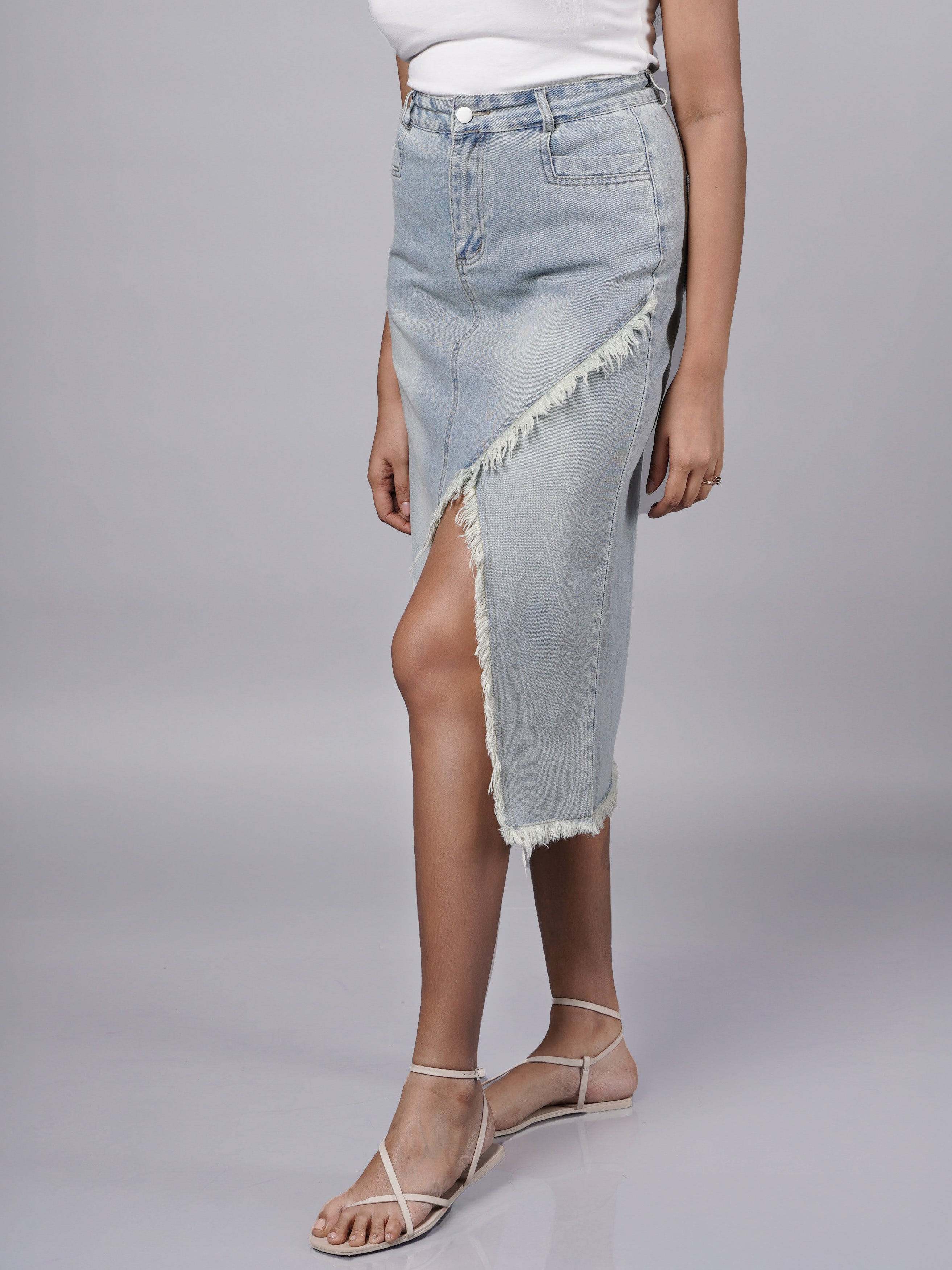 Y3K Fringed Denim Midi Skirt
