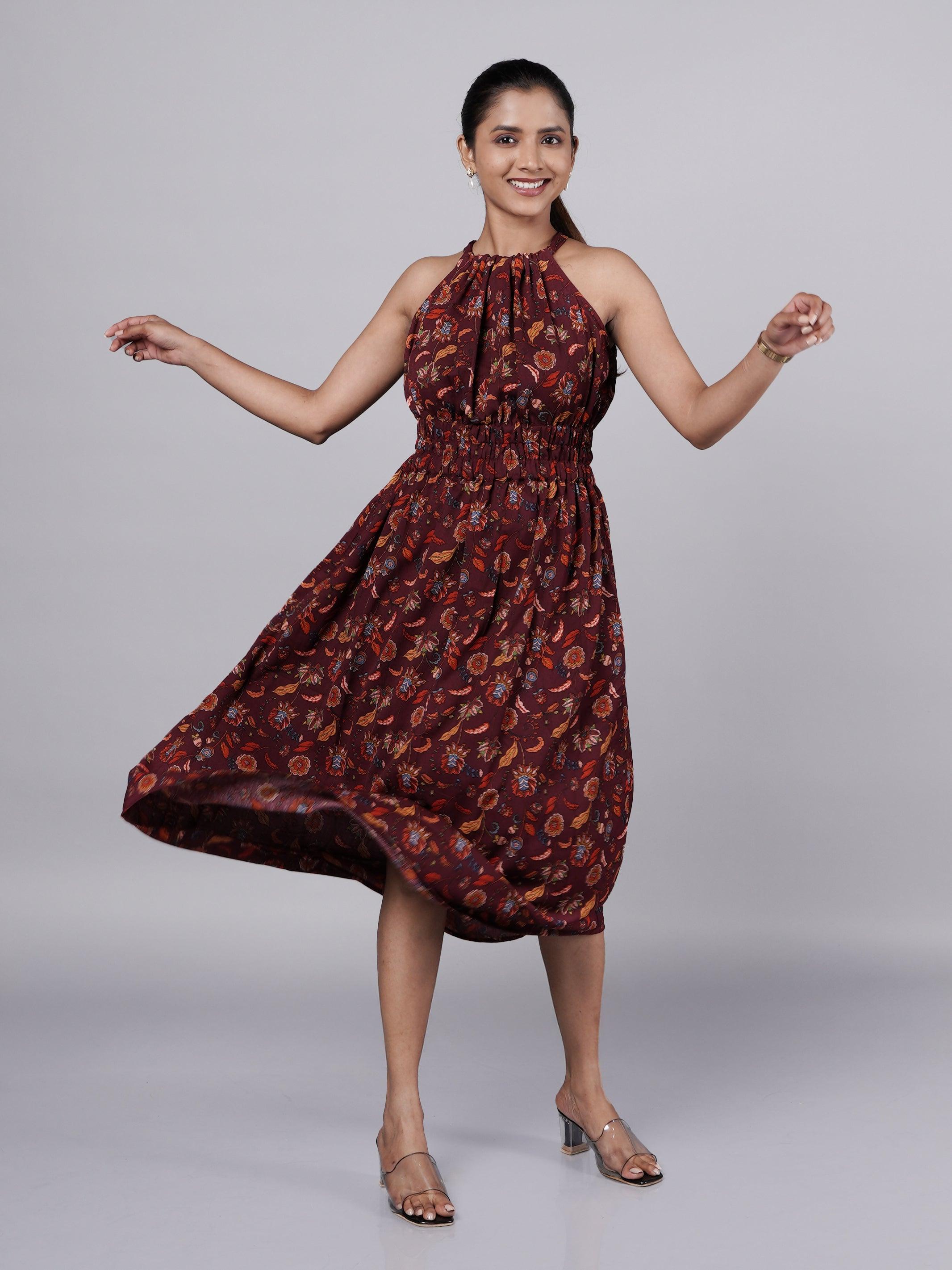 Dobby Printed Maroon A Line Dress FRENCH THEORY